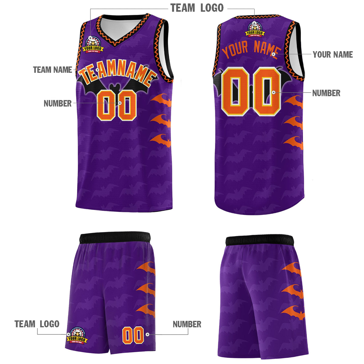 Custom Purple Orange Bat Pattern Halloween Basketball Jersey | For Men,For Kid,For Youth,Sublimation Printed,Perfect for Training,Perfect for Parties,Add Name and Numbern | KXKSHOP