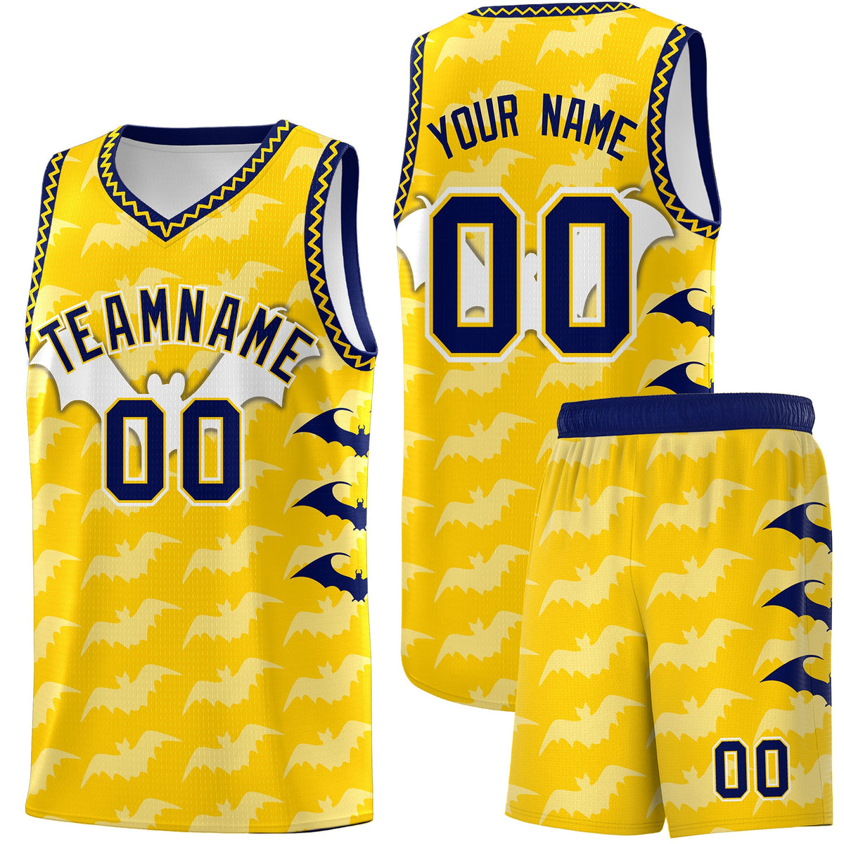 Custom Gold White Navy Bat Pattern Halloween Basketball Jersey | For Men,For Kid,For Youth,Sublimation Printed,Perfect for Training,Perfect for Parties,Add Name and Numbern | KXKSHOP