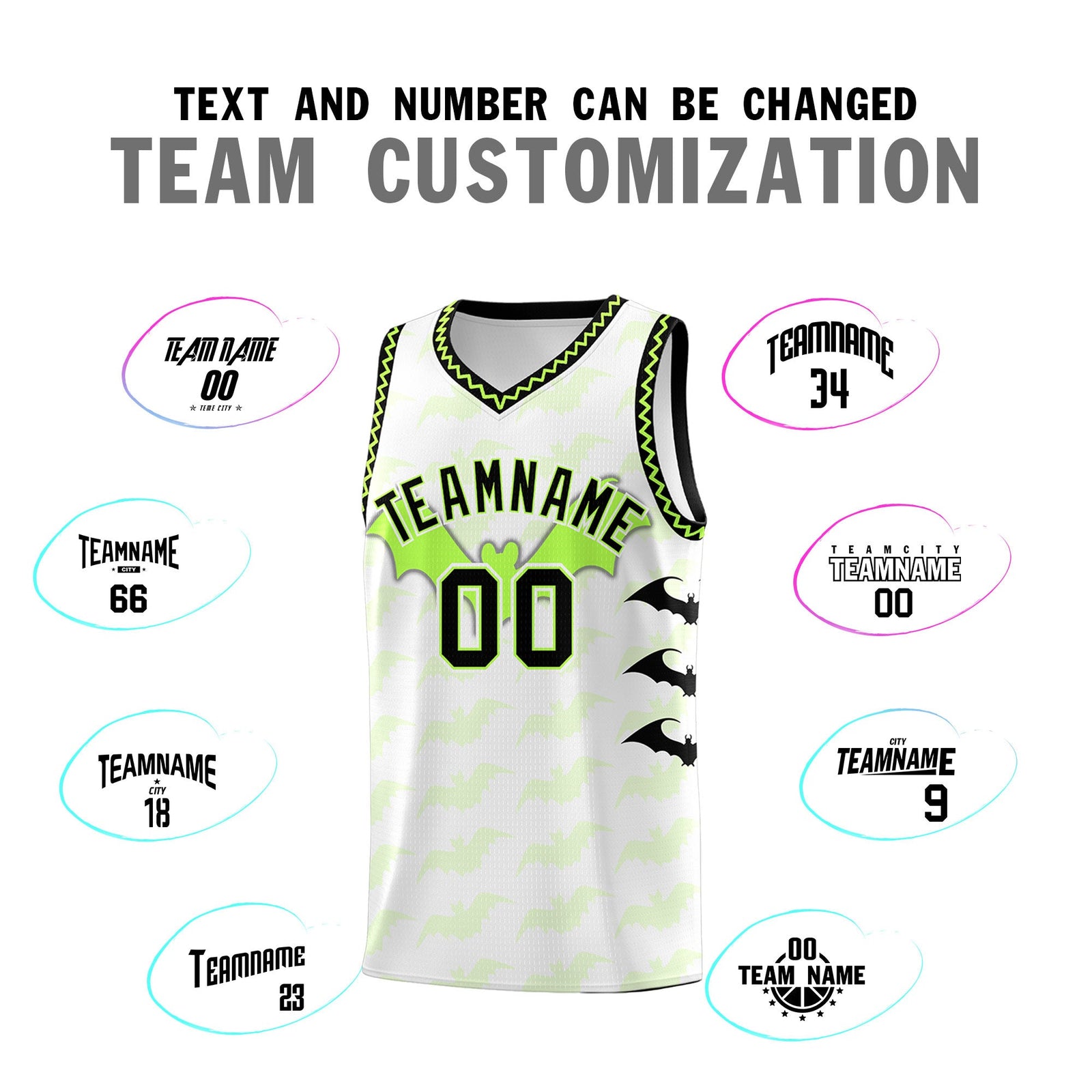 Custom White Fluorescent Green Black Bat Pattern Halloween Basketball Jersey | For Men,For Kid,For Youth,Sublimation Printed,Perfect for Training,Perfect for Parties,Add Name and Numbern | KXKSHOP