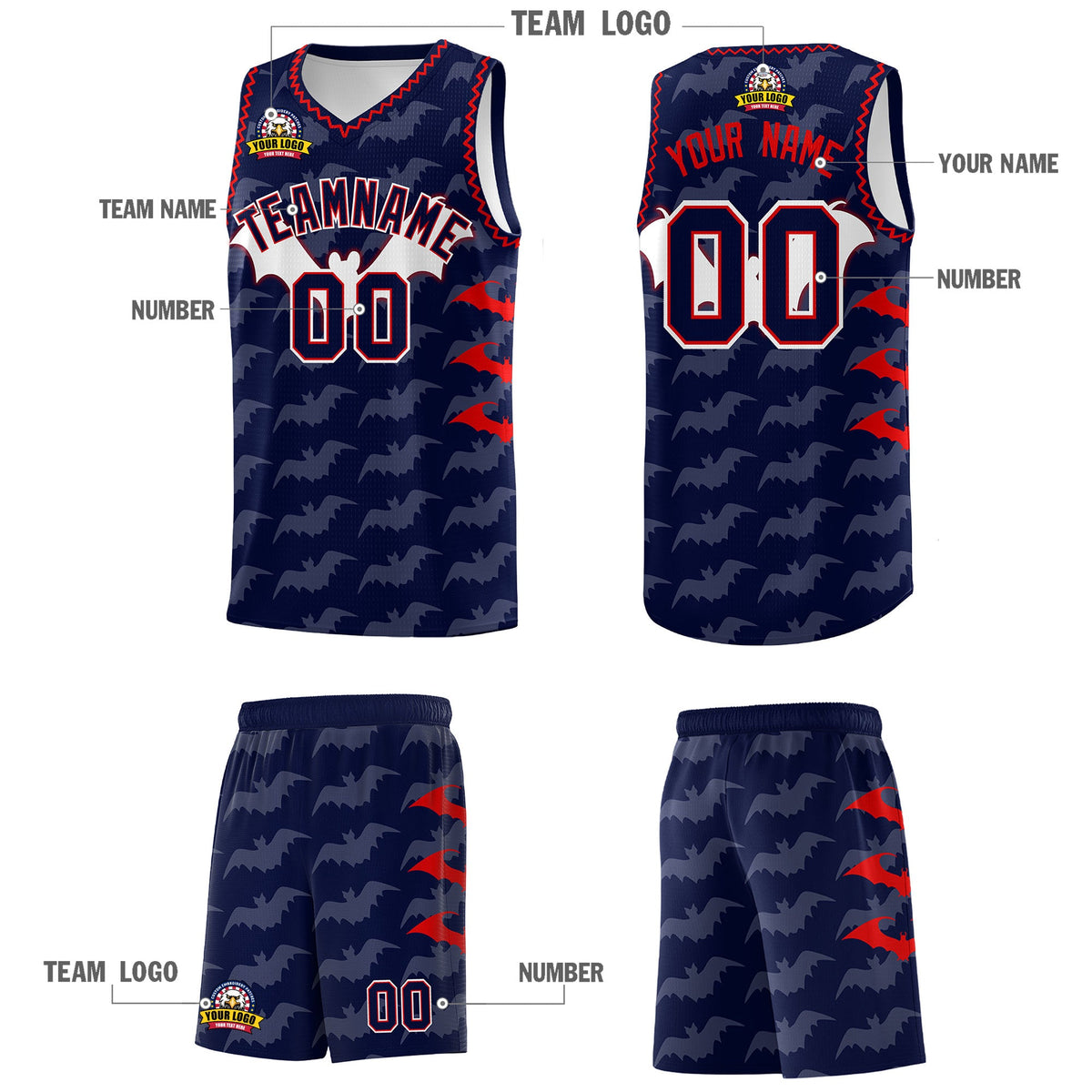 Custom Navy Red Bat Pattern Halloween Basketball Jersey | For Men,For Kid,For Youth,Sublimation Printed,Perfect for Training,Perfect for Parties,Add Name and Numbern | KXKSHOP