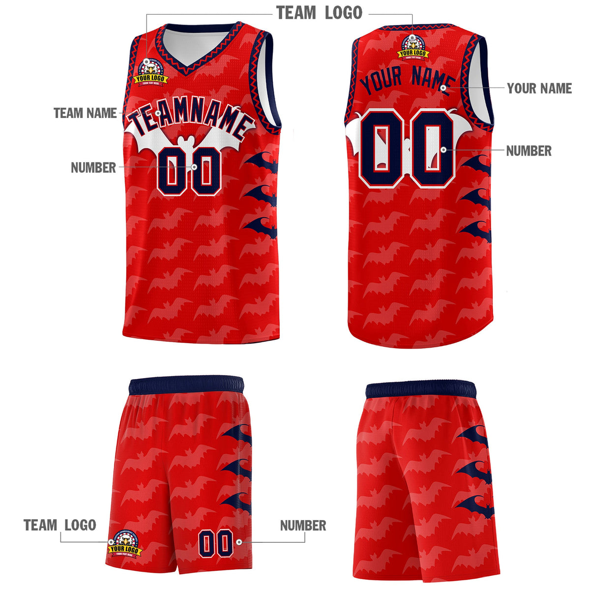 Custom Red White Navy Bat Pattern Halloween Basketball Jersey | For Men,For Kid,For Youth,Sublimation Printed,Perfect for Training,Perfect for Parties,Add Name and Numbern | KXKSHOP