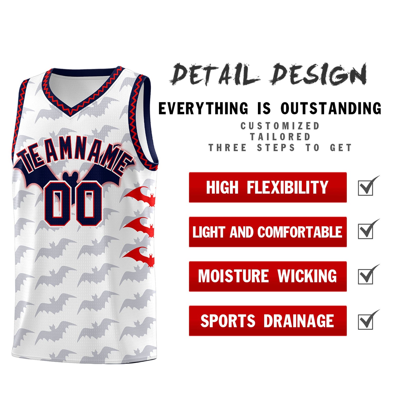 Custom White Red Navy Bat Pattern Halloween Basketball Jersey | For Men,For Kid,For Youth,Sublimation Printed,Perfect for Training,Perfect for Parties,Add Name and Numbern | KXKSHOP