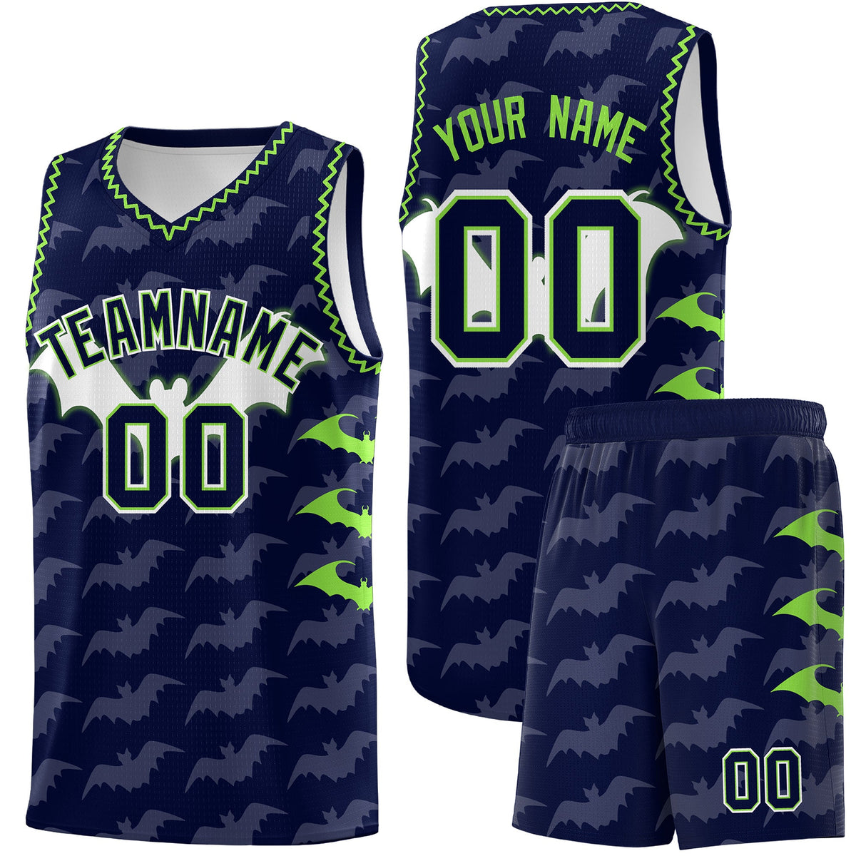 Custom Navy Fluorescent Green Bat Pattern Halloween Basketball Jersey | For Men,For Kid,For Youth,Sublimation Printed,Perfect for Training,Perfect for Parties,Add Name and Numbern | KXKSHOP