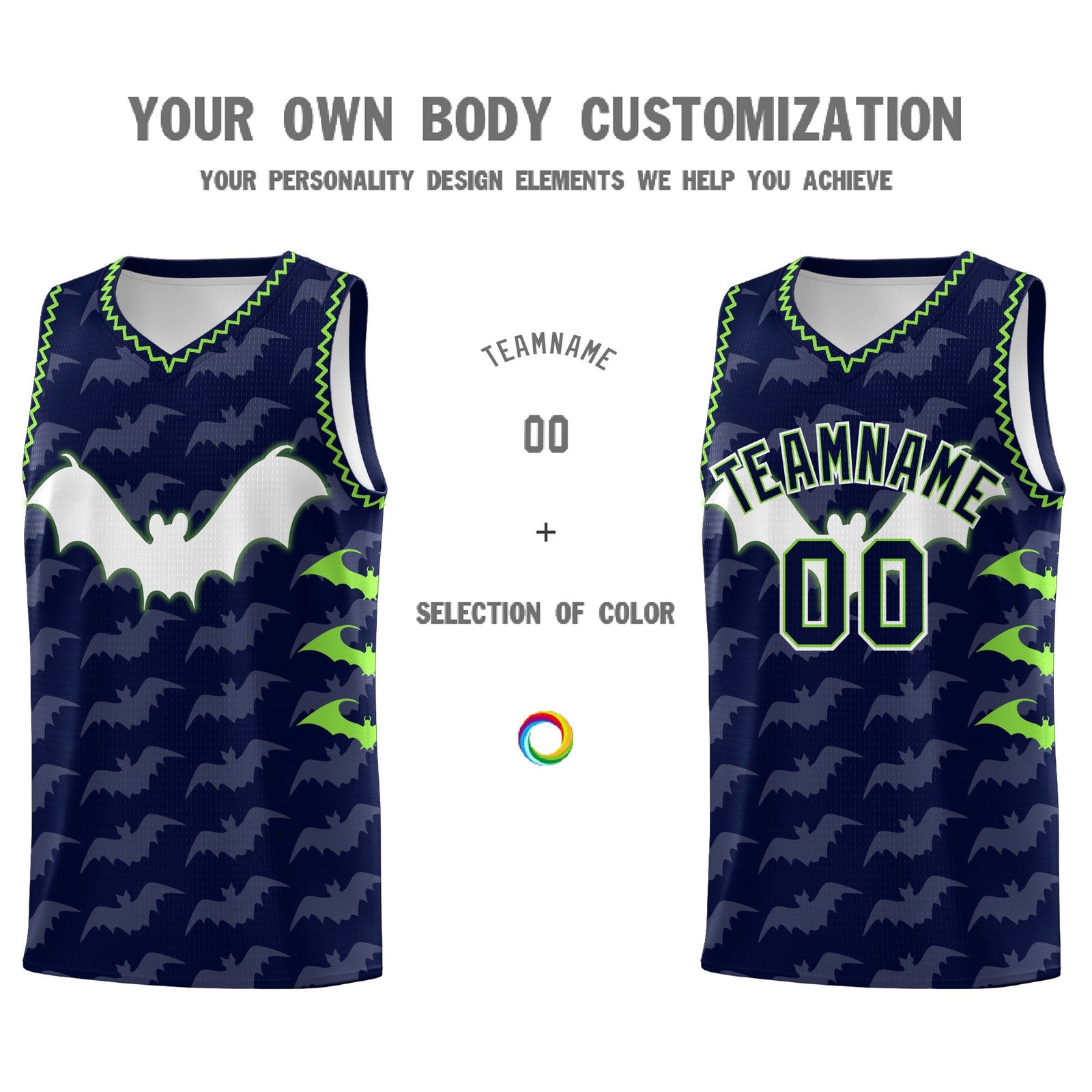 Custom Navy Fluorescent Green Bat Pattern Halloween Basketball Jersey | For Men,For Kid,For Youth,Sublimation Printed,Perfect for Training,Perfect for Parties,Add Name and Numbern | KXKSHOP