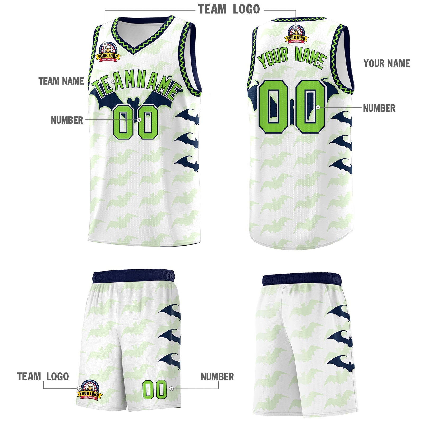 Custom White Fluorescent Green Navy Bat Pattern Halloween Basketball Jersey | For Men,For Kid,For Youth,Sublimation Printed,Perfect for Training,Perfect for Parties,Add Name and Numbern | KXKSHOP
