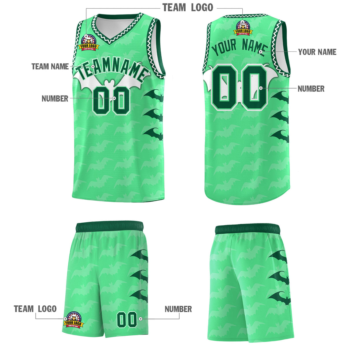 Custom Green White Bat Pattern Halloween Basketball Jersey | For Men,For Kid,For Youth,Sublimation Printed,Perfect for Training,Perfect for Parties,Add Name and Numbern | KXKSHOP