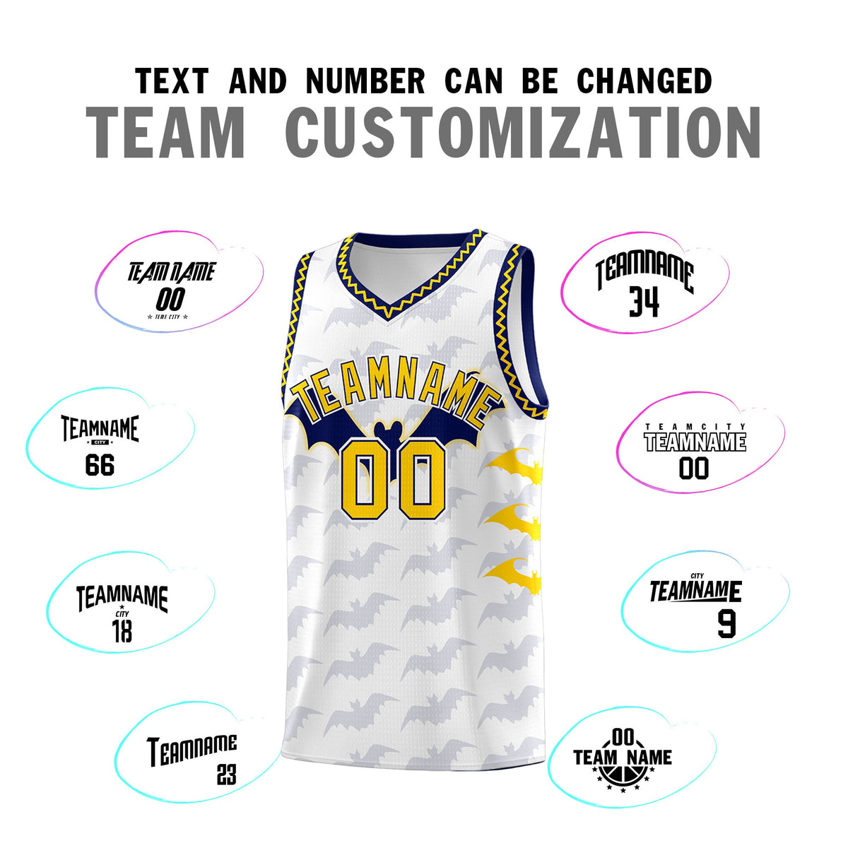 Custom White Gold Navy Bat Pattern Halloween Basketball Jersey | For Men,For Kid,For Youth,Sublimation Printed,Perfect for Training,Perfect for Parties,Add Name and Numbern | KXKSHOP