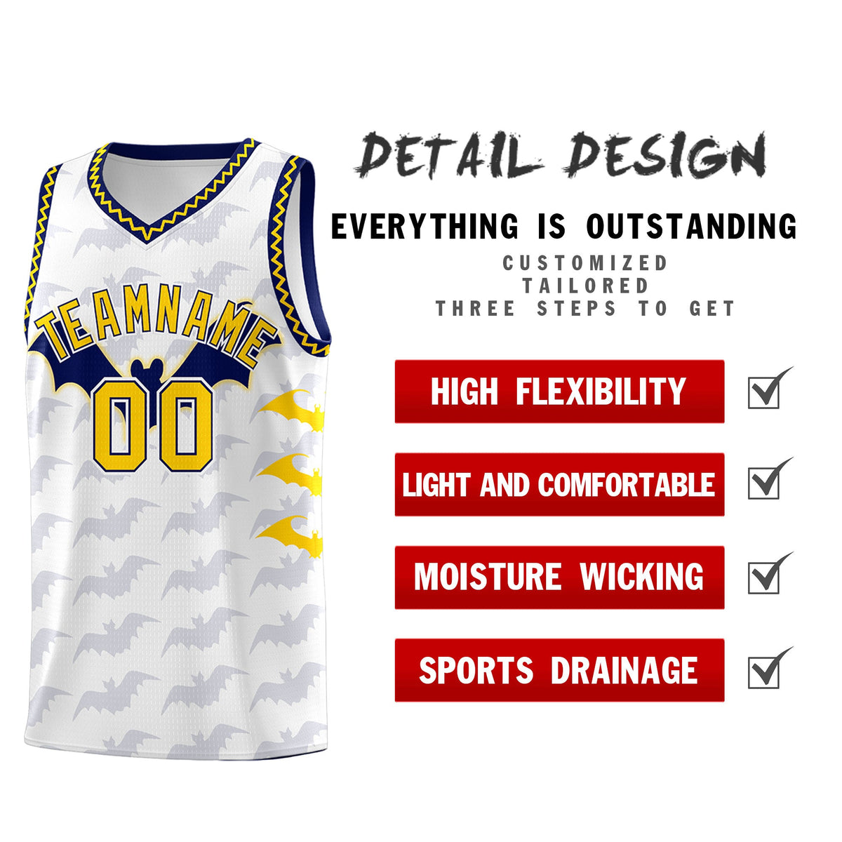 Custom White Gold Navy Bat Pattern Halloween Basketball Jersey | For Men,For Kid,For Youth,Sublimation Printed,Perfect for Training,Perfect for Parties,Add Name and Numbern | KXKSHOP