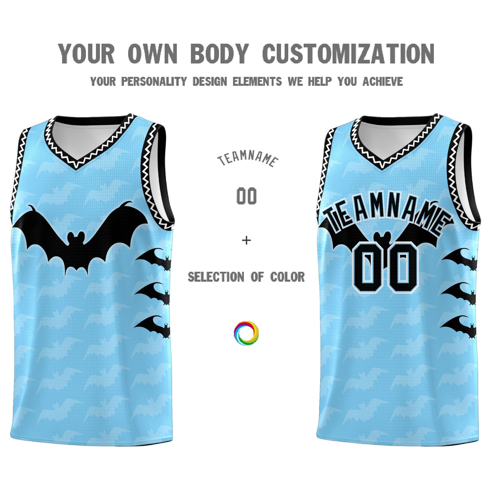 Custom Light Blue White Black Bat Pattern Halloween Basketball Jersey | For Men,For Kid,For Youth,Sublimation Printed,Perfect for Training,Perfect for Parties,Add Name and Numbern | KXKSHOP