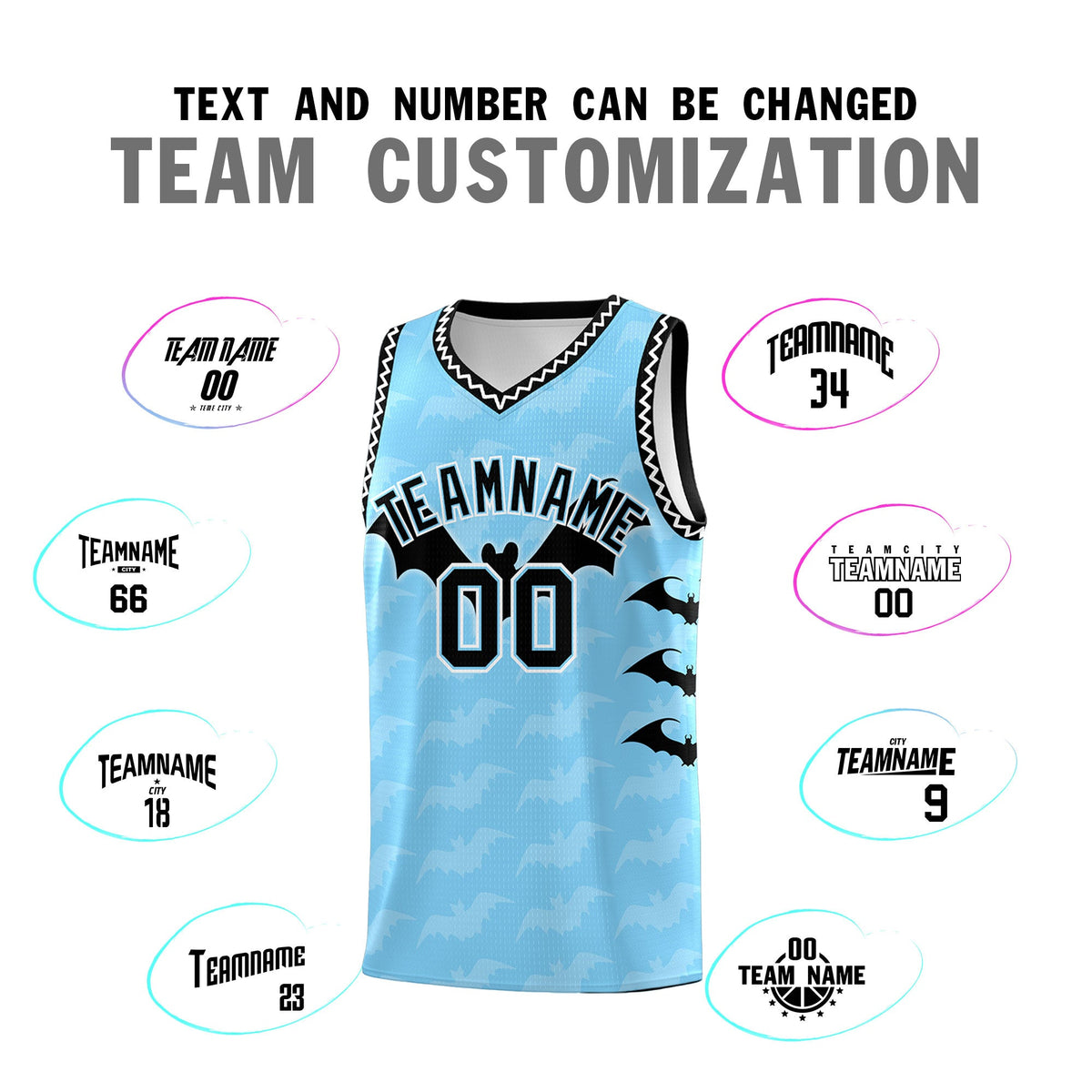 Custom Light Blue White Black Bat Pattern Halloween Basketball Jersey | For Men,For Kid,For Youth,Sublimation Printed,Perfect for Training,Perfect for Parties,Add Name and Numbern | KXKSHOP