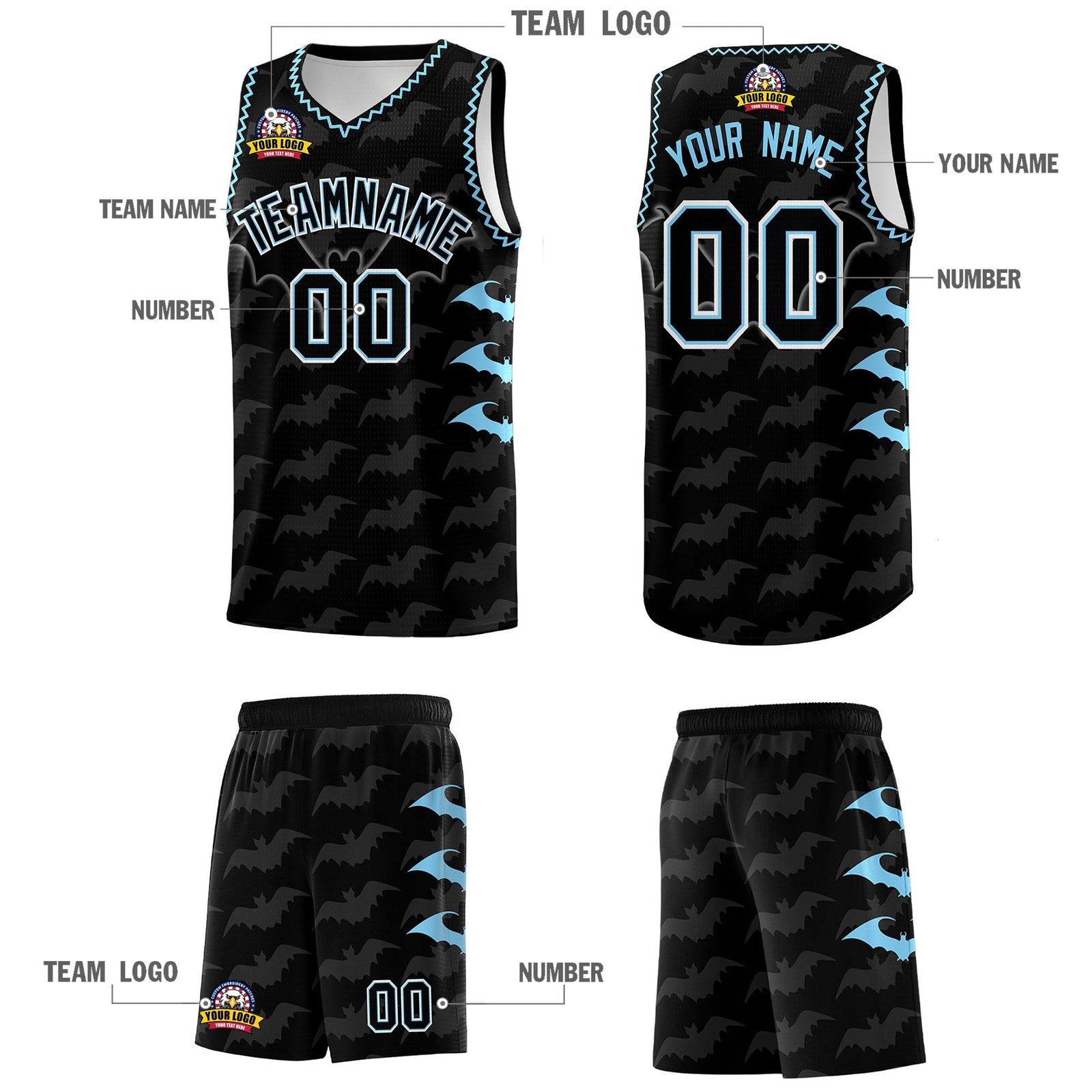 Custom Black Light Blue Bat Pattern Halloween Basketball Jersey | For Men,For Kid,For Youth,Sublimation Printed,Perfect for Training,Perfect for Parties,Add Name and Numbern | KXKSHOP