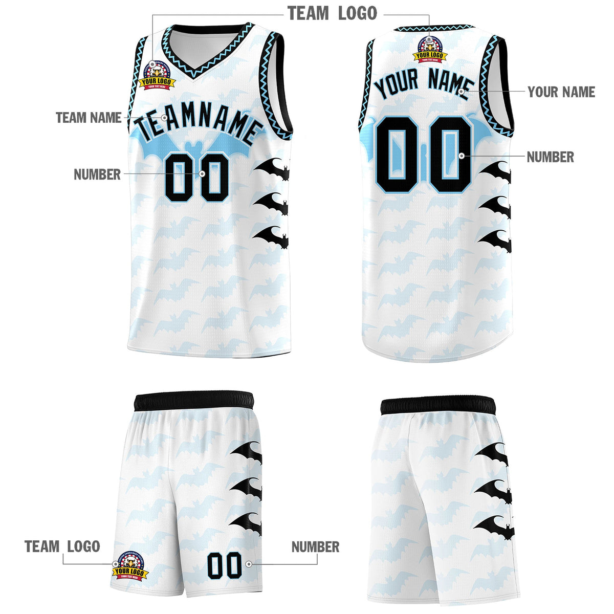 Custom White Light Blue Bat Pattern Halloween Basketball Jersey | For Men,For Kid,For Youth,Sublimation Printed,Perfect for Training,Perfect for Parties,Add Name and Numbern | KXKSHOP