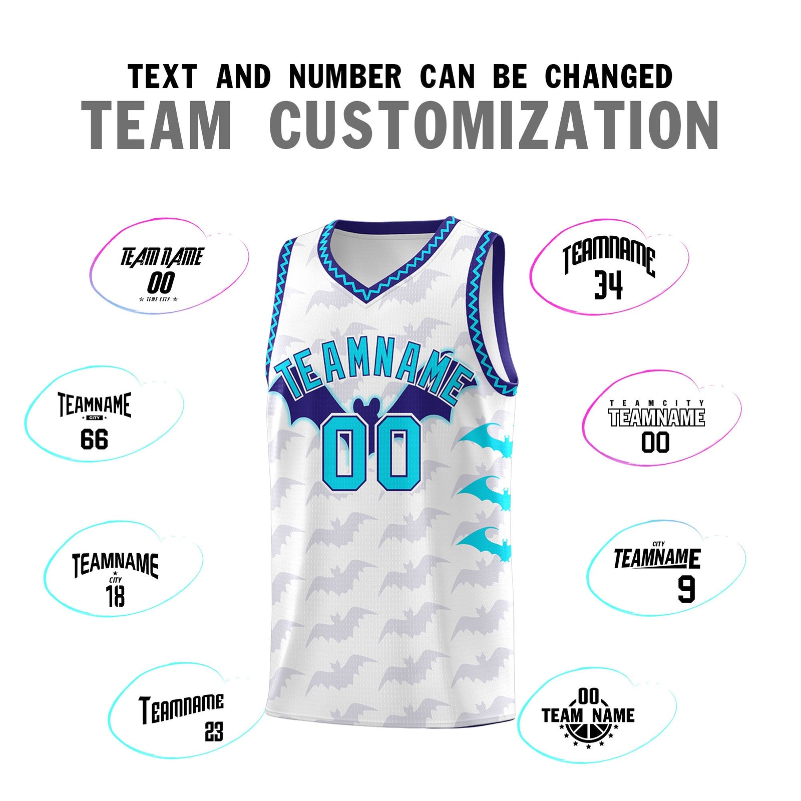 Custom White Sky Blue Bat Pattern Halloween Basketball Jersey | For Men,For Kid,For Youth,Sublimation Printed,Perfect for Training,Perfect for Parties,Add Name and Numbern | KXKSHOP