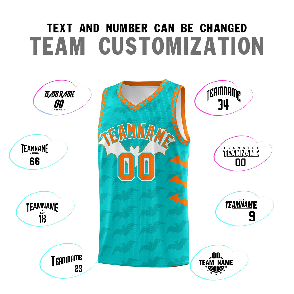 Custom Aqua Orange Bat Pattern Halloween Basketball Jersey | For Men,For Kid,For Youth,Sublimation Printed,Perfect for Training,Perfect for Parties,Add Name and Numbern | KXKSHOP