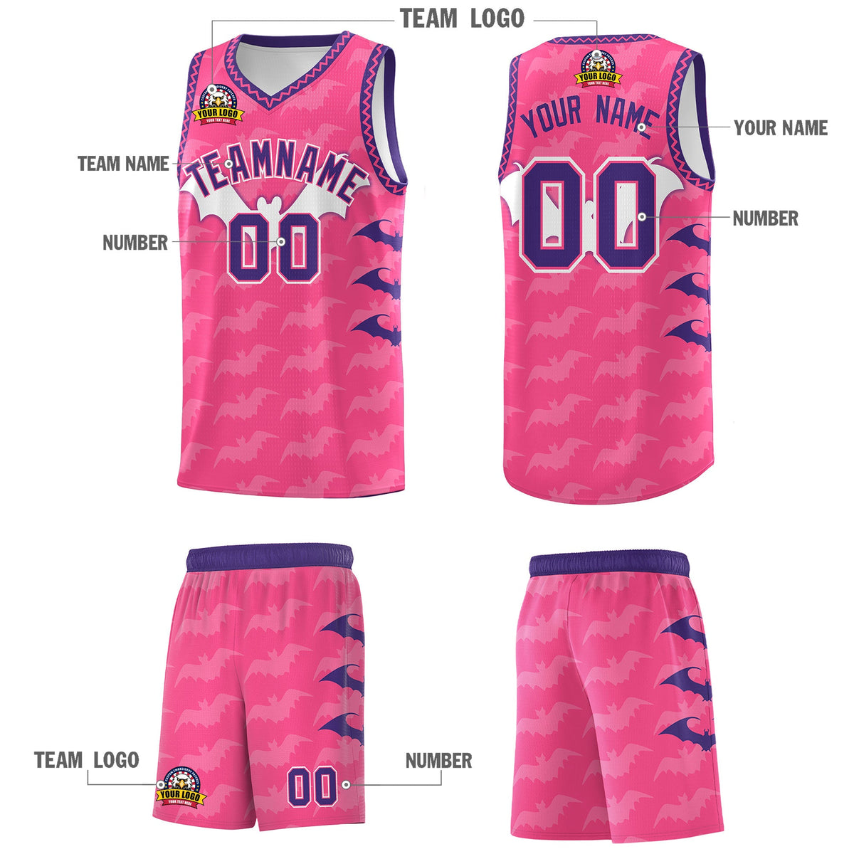 Custom Pink Purple Bat Pattern Halloween Basketball Jersey | For Men,For Kid,For Youth,Sublimation Printed,Perfect for Training,Perfect for Parties,Add Name and Numbern | KXKSHOP
