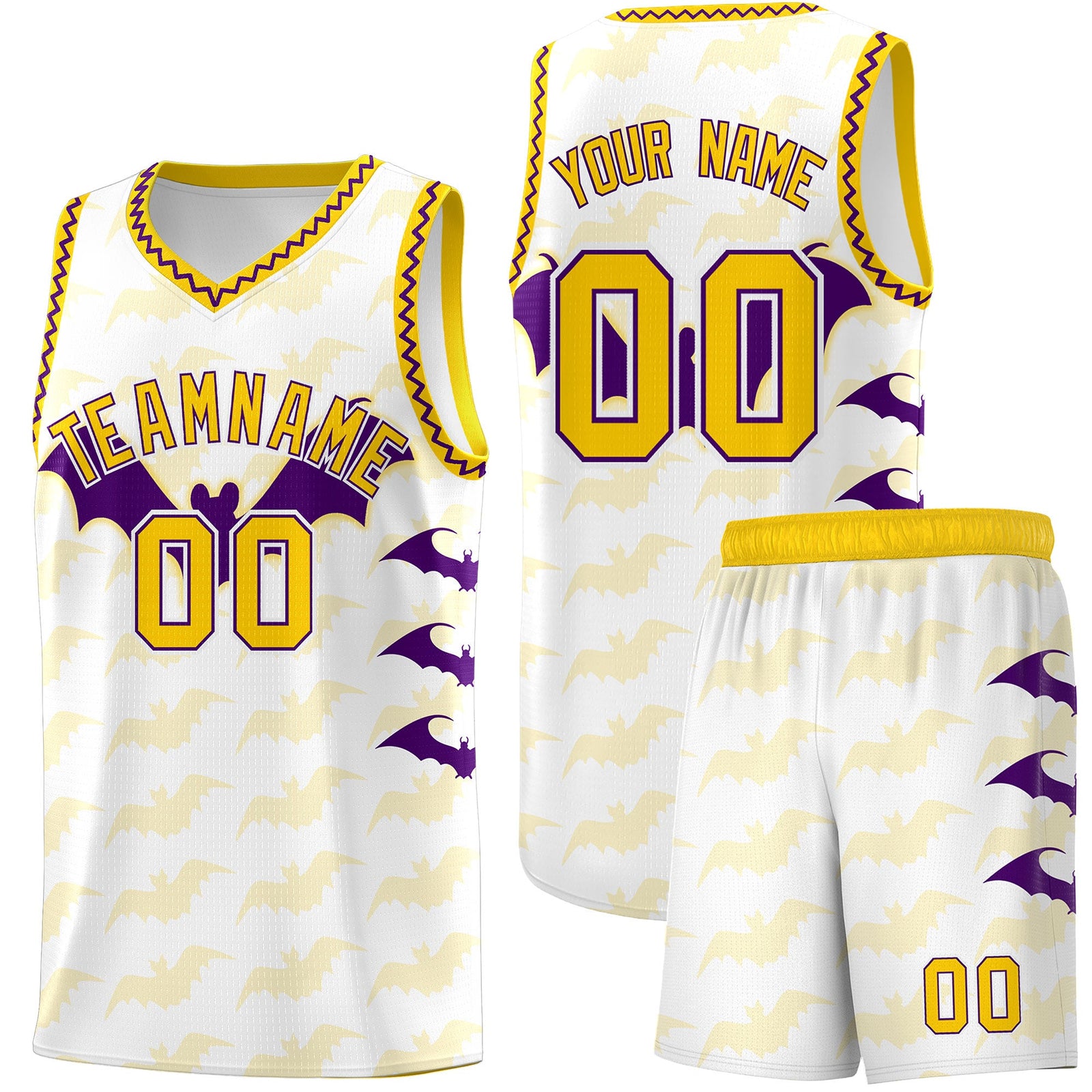 Custom White Purple Gold Bat Pattern Halloween Basketball Jersey | For Men,For Kid,For Youth,Sublimation Printed,Perfect for Training,Perfect for Parties,Add Name and Numbern | KXKSHOP