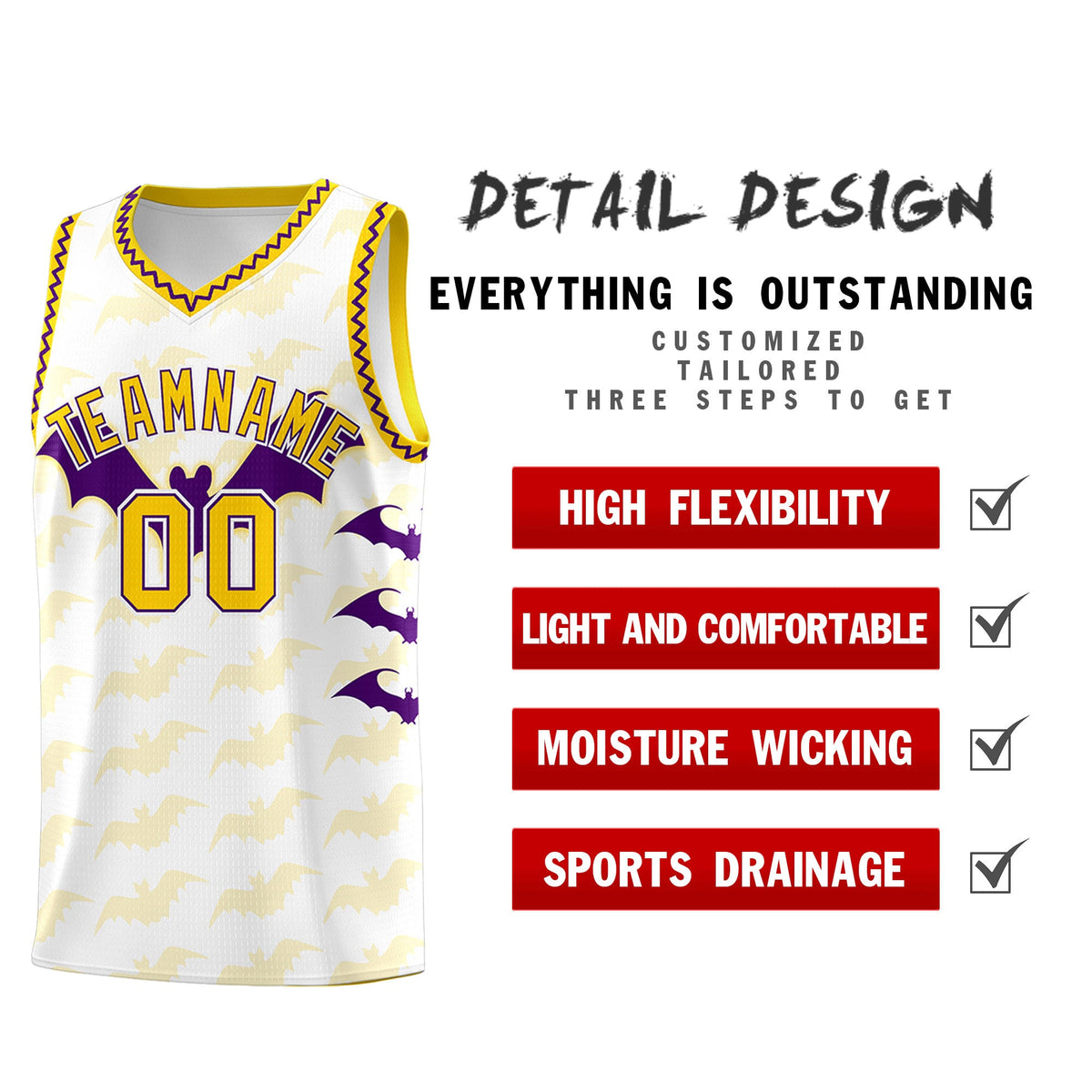 Custom White Purple Gold Bat Pattern Halloween Basketball Jersey | For Men,For Kid,For Youth,Sublimation Printed,Perfect for Training,Perfect for Parties,Add Name and Numbern | KXKSHOP