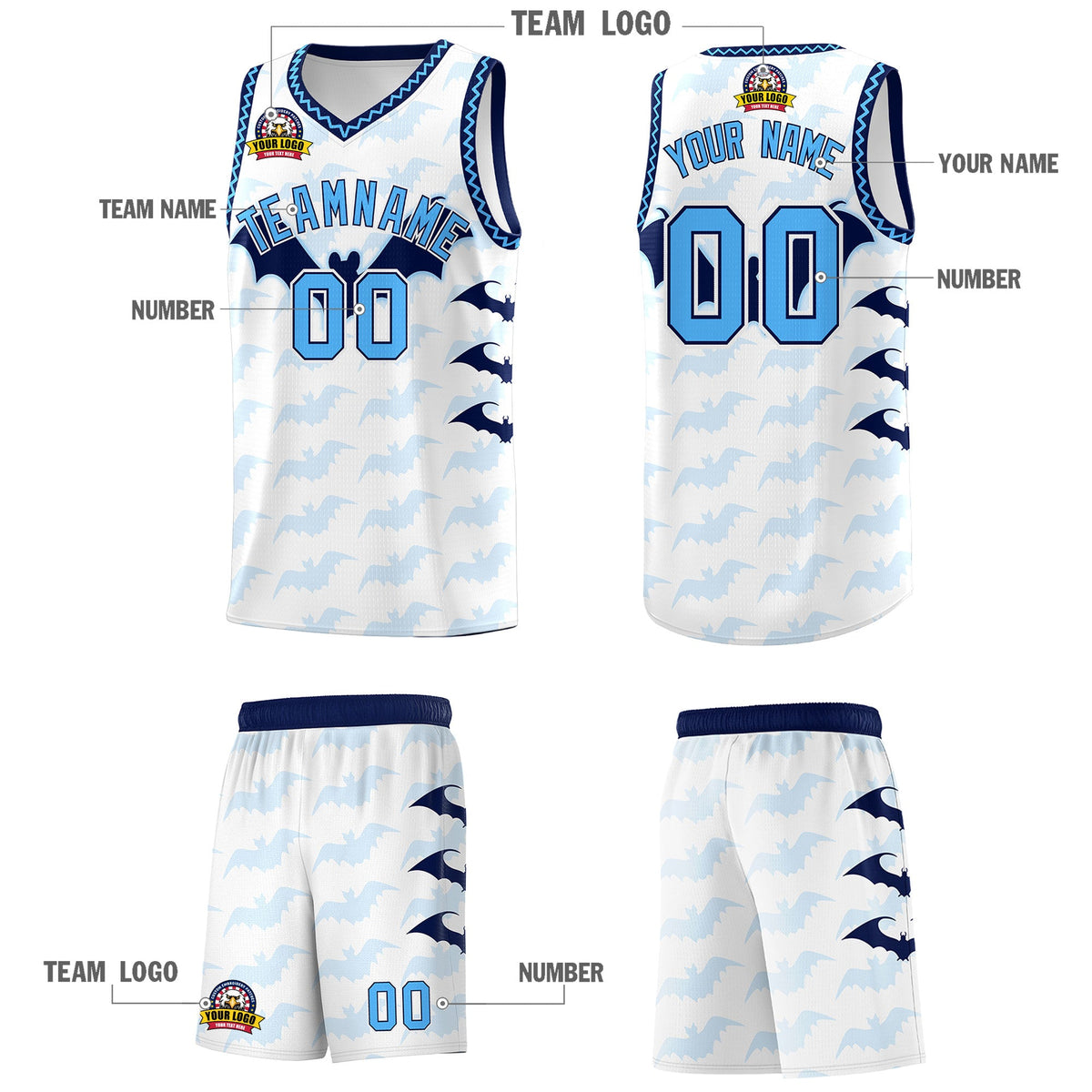 Custom White Powder Blue Bat Pattern Halloween Basketball Jersey | For Men,For Kid,For Youth,Sublimation Printed,Perfect for Training,Perfect for Parties,Add Name and Numbern | KXKSHOP