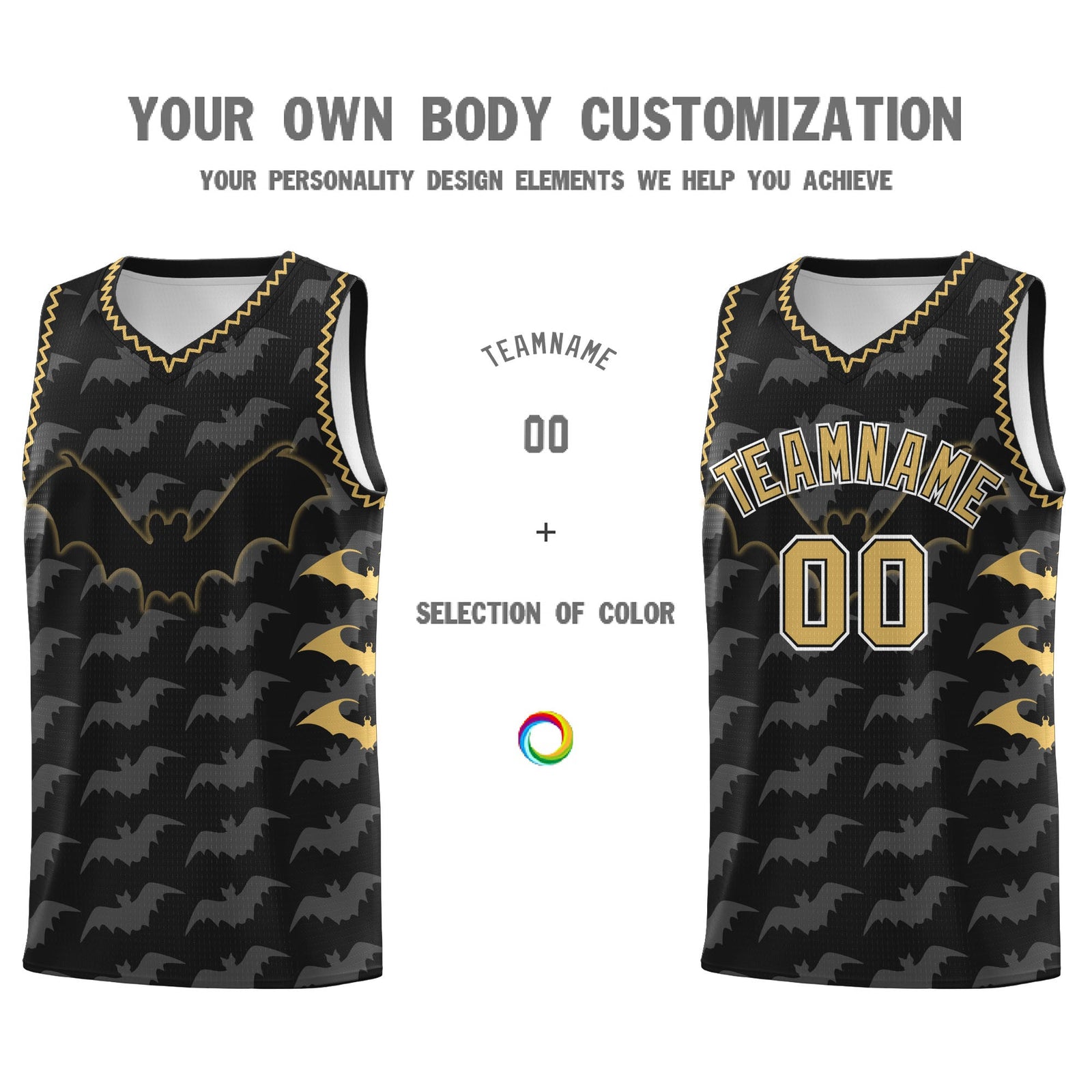 Custom Black Old Gold White Bat Pattern Halloween Basketball Jersey | For Men,For Kid,For Youth,Sublimation Printed,Perfect for Training,Perfect for Parties,Add Name and Numbern | KXKSHOP