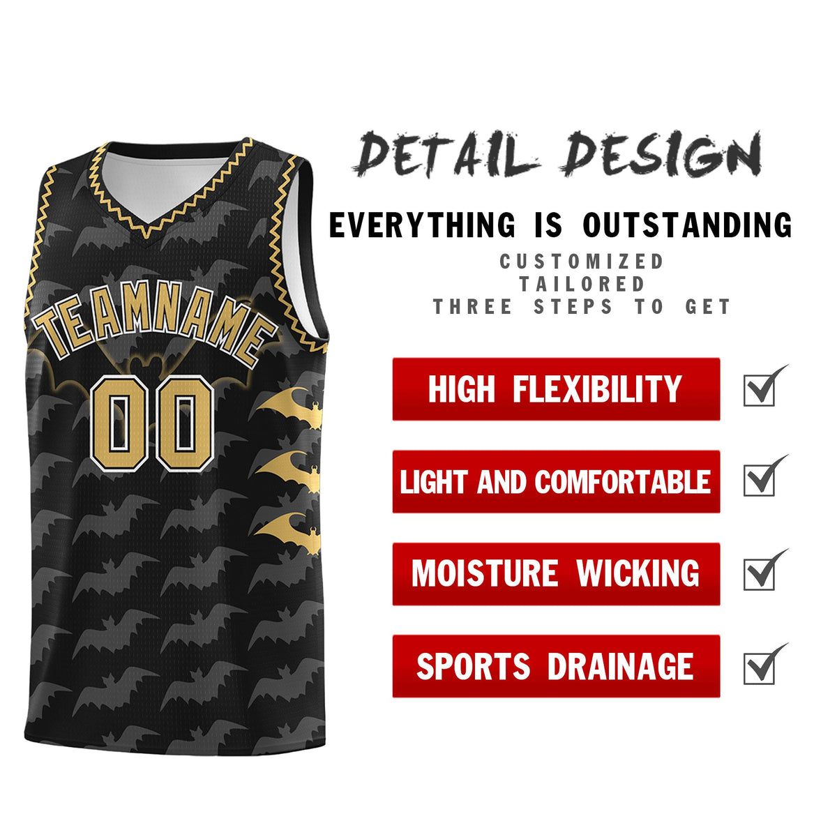 Custom Black Old Gold White Bat Pattern Halloween Basketball Jersey | For Men,For Kid,For Youth,Sublimation Printed,Perfect for Training,Perfect for Parties,Add Name and Numbern | KXKSHOP