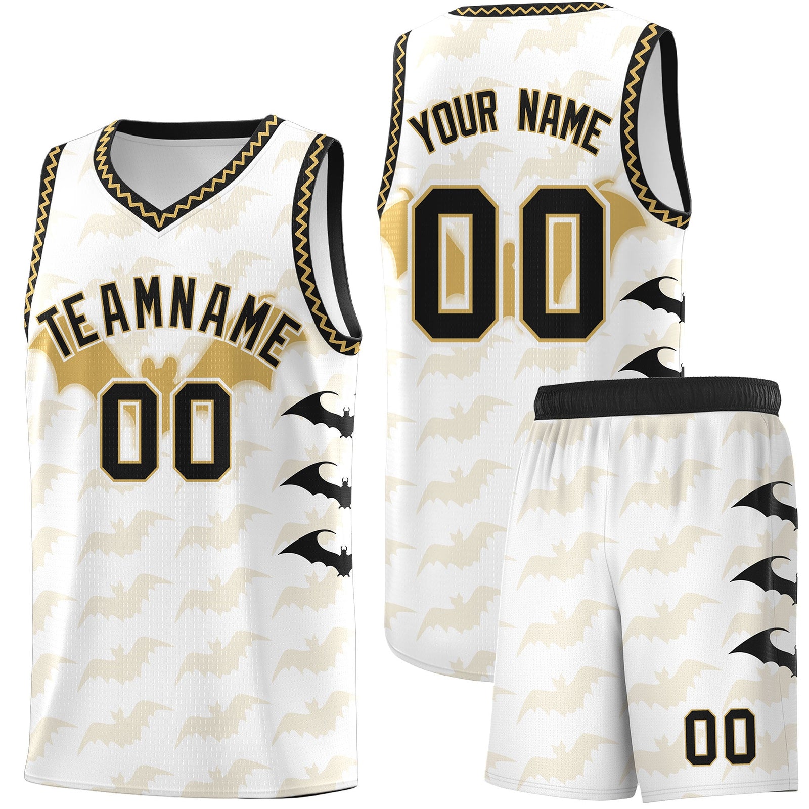 Custom White Old Gold Bat Pattern Halloween Basketball Jersey | For Men,For Kid,For Youth,Sublimation Printed,Perfect for Training,Perfect for Parties,Add Name and Numbern | KXKSHOP