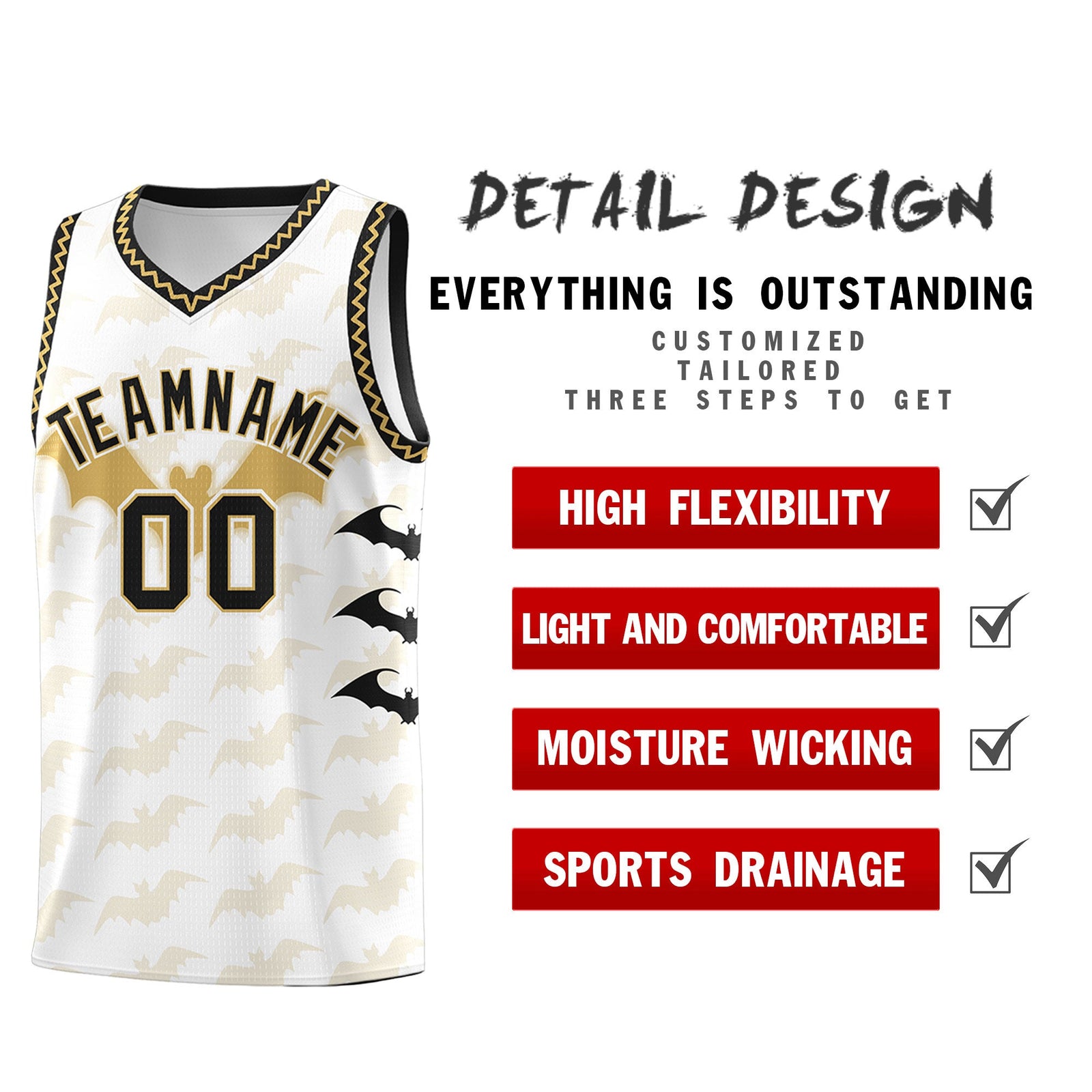 Custom White Old Gold Bat Pattern Halloween Basketball Jersey | For Men,For Kid,For Youth,Sublimation Printed,Perfect for Training,Perfect for Parties,Add Name and Numbern | KXKSHOP