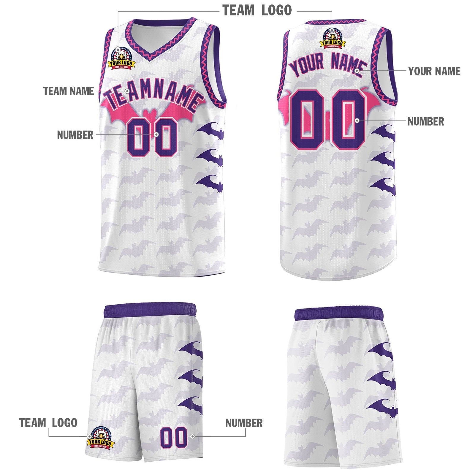 Custom White Pink Purple Bat Pattern Halloween Basketball Jersey | For Men,For Kid,For Youth,Sublimation Printed,Perfect for Training,Perfect for Parties,Add Name and Numbern | KXKSHOP