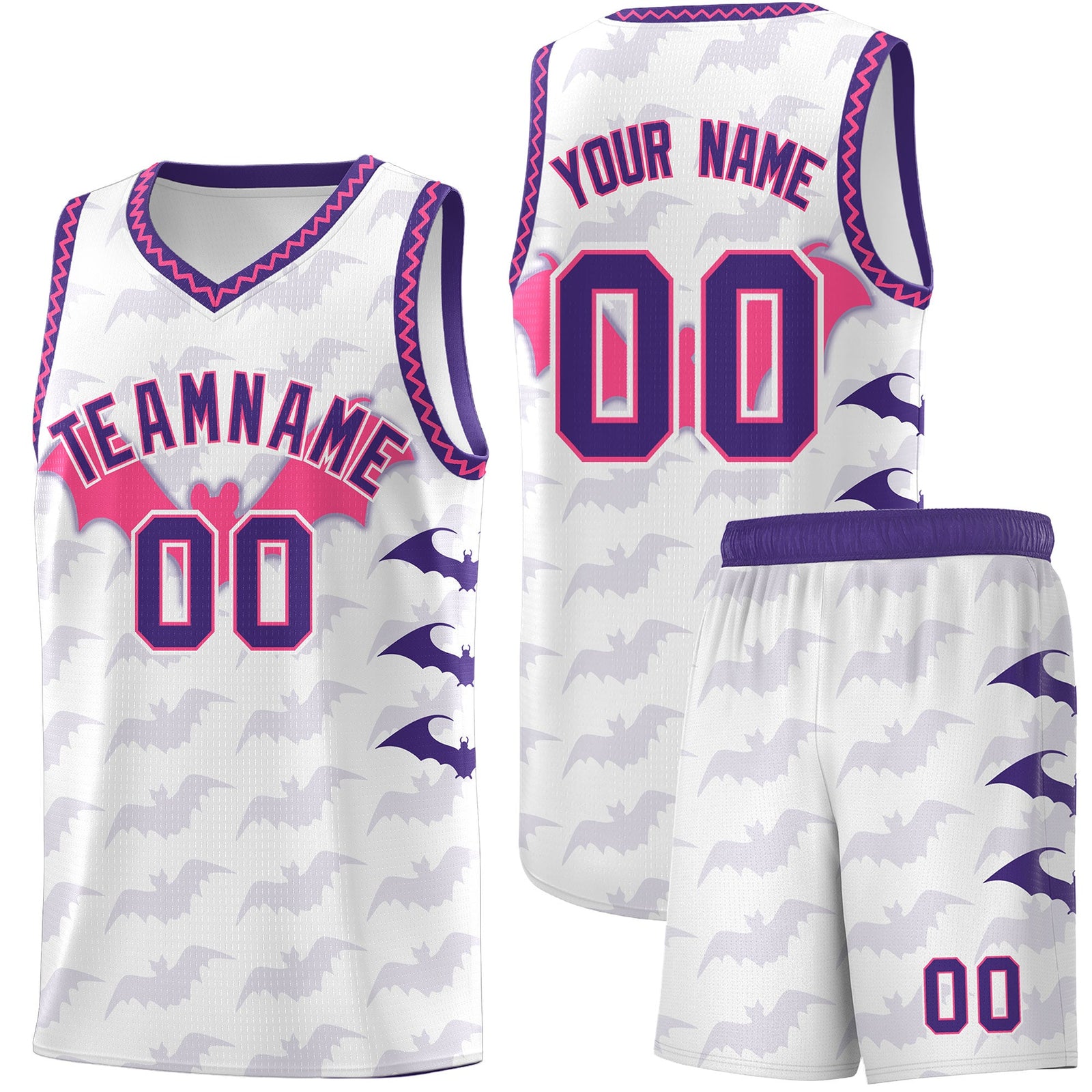 Custom White Pink Purple Bat Pattern Halloween Basketball Jersey | For Men,For Kid,For Youth,Sublimation Printed,Perfect for Training,Perfect for Parties,Add Name and Numbern | KXKSHOP