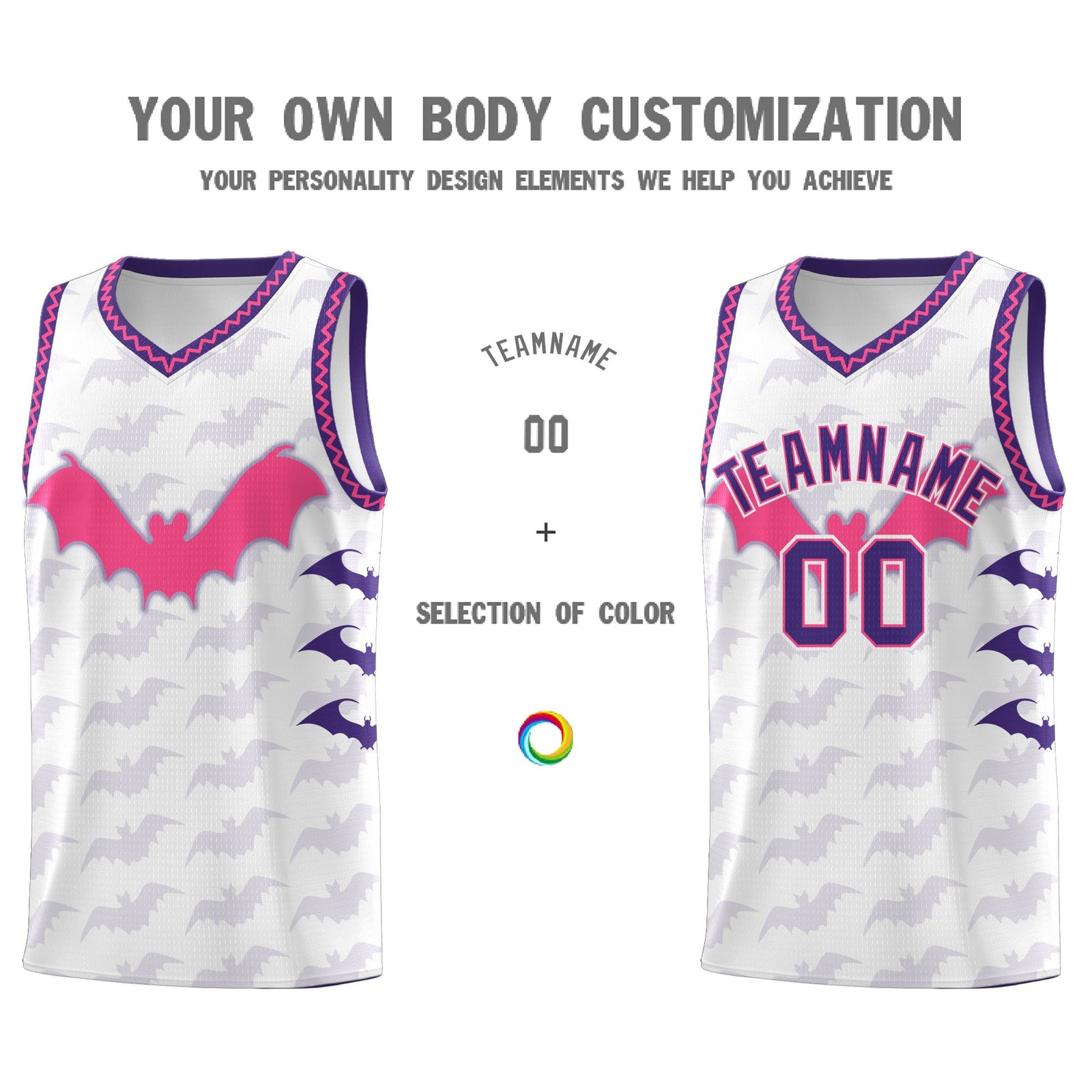 Custom White Pink Purple Bat Pattern Halloween Basketball Jersey | For Men,For Kid,For Youth,Sublimation Printed,Perfect for Training,Perfect for Parties,Add Name and Numbern | KXKSHOP