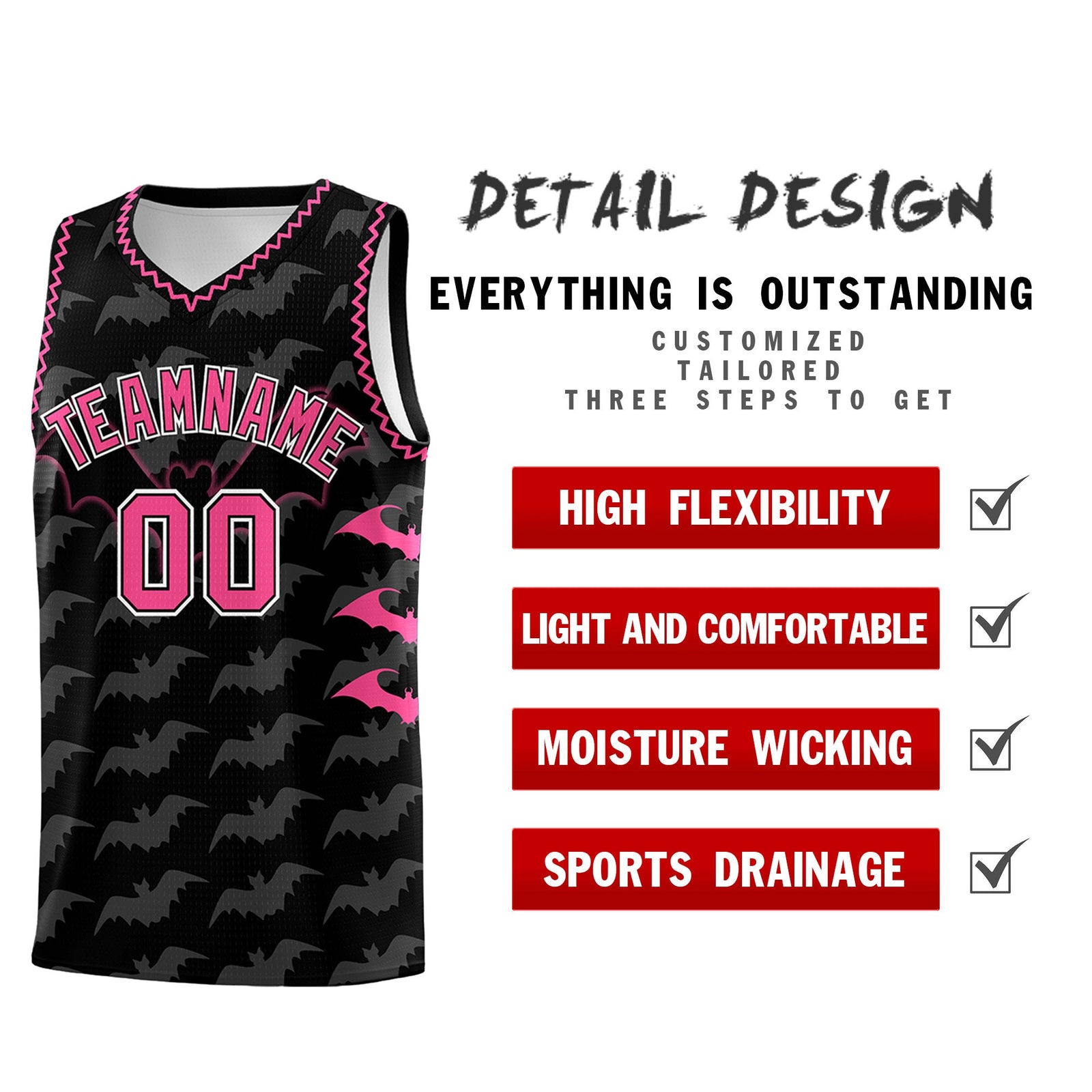 Custom Black Pink Bat Pattern Halloween Basketball Jersey | For Men,For Kid,For Youth,Sublimation Printed,Perfect for Training,Perfect for Parties,Add Name and Numbern | KXKSHOP