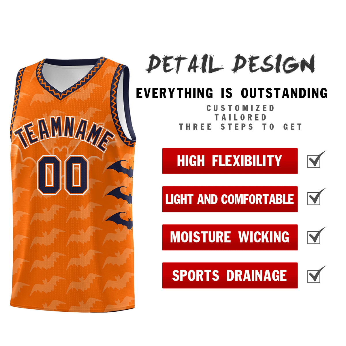 Custom Orange Navy White Bat Pattern Halloween Basketball Jersey | For Men,For Kid,For Youth,Sublimation Printed,Perfect for Training,Perfect for Parties,Add Name and Numbern | KXKSHOP