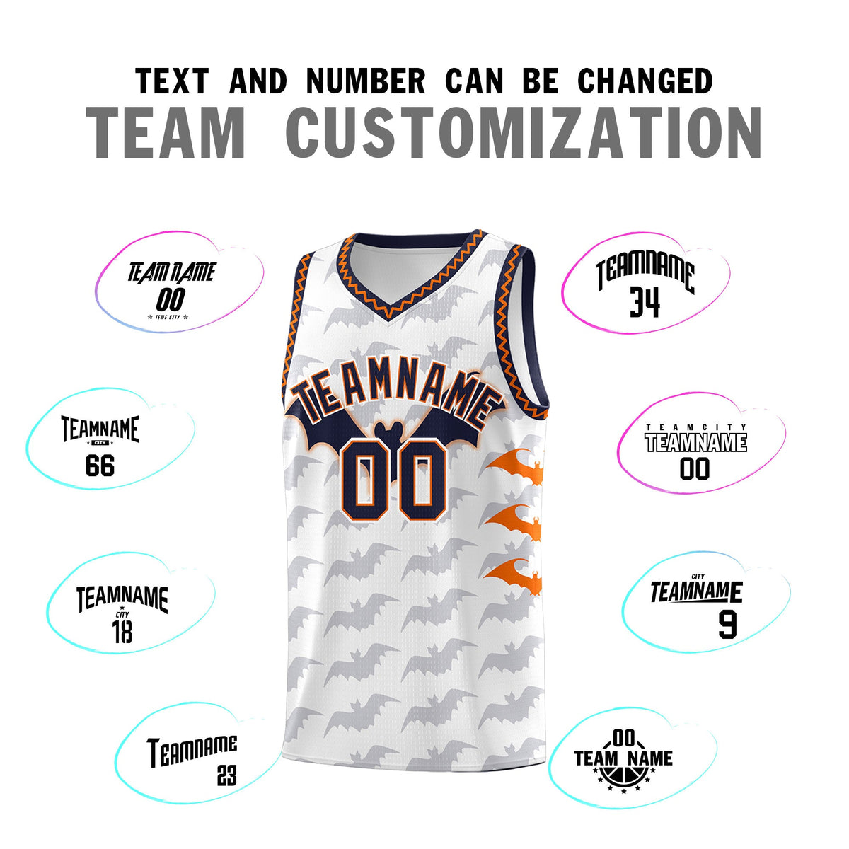 Custom White Orange Navy Bat Pattern Halloween Basketball Jersey | For Men,For Kid,For Youth,Sublimation Printed,Perfect for Training,Perfect for Parties,Add Name and Numbern | KXKSHOP