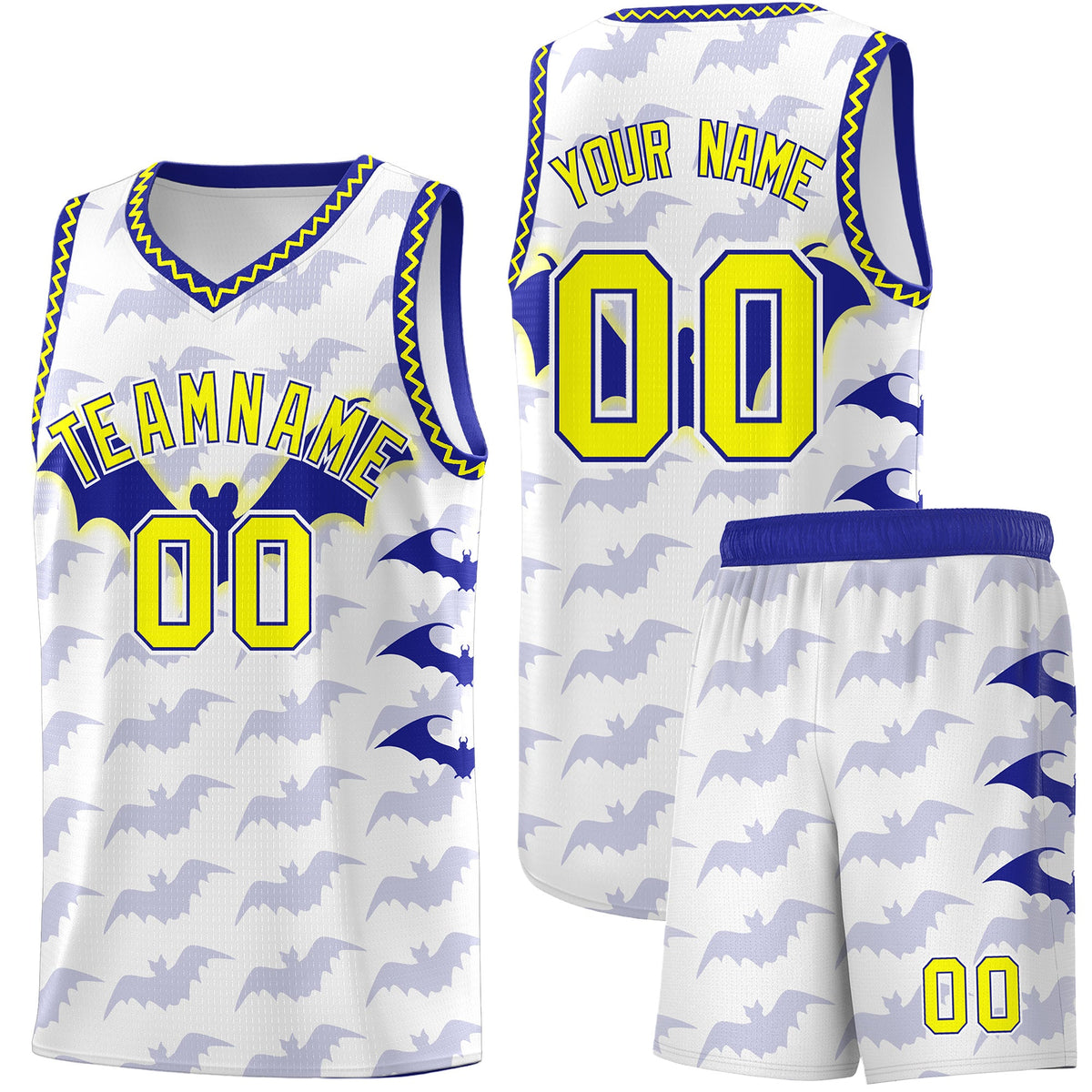 Custom White Fluorescent Yellow Bat Pattern Halloween Basketball Jersey | For Men,For Kid,For Youth,Sublimation Printed,Perfect for Training,Perfect for Parties,Add Name and Numbern | KXKSHOP