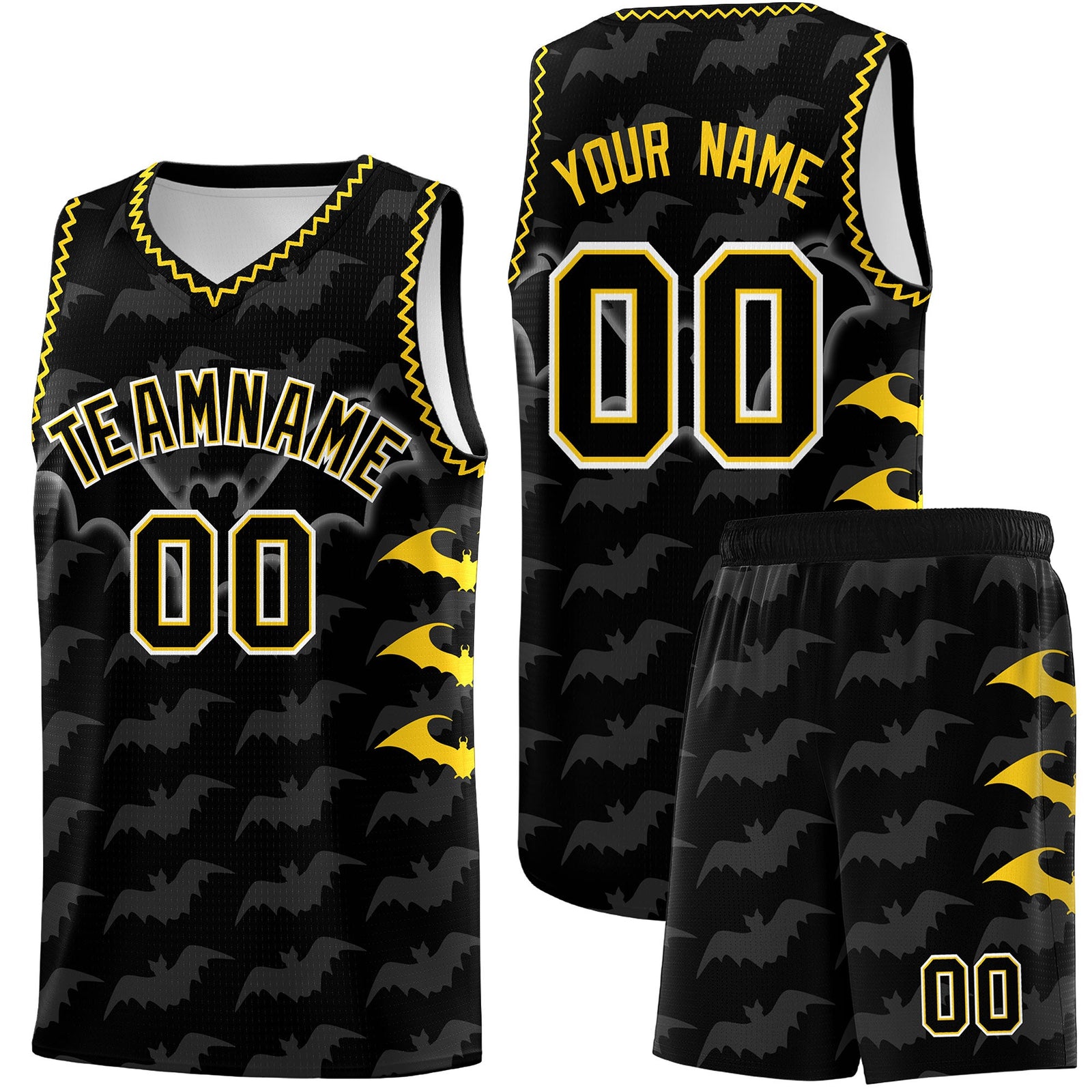 Custom Black Gold Bat Pattern Halloween Basketball Jersey | For Men,For Kid,For Youth,Sublimation Printed,Perfect for Training,Perfect for Parties,Add Name and Numbern | KXKSHOP