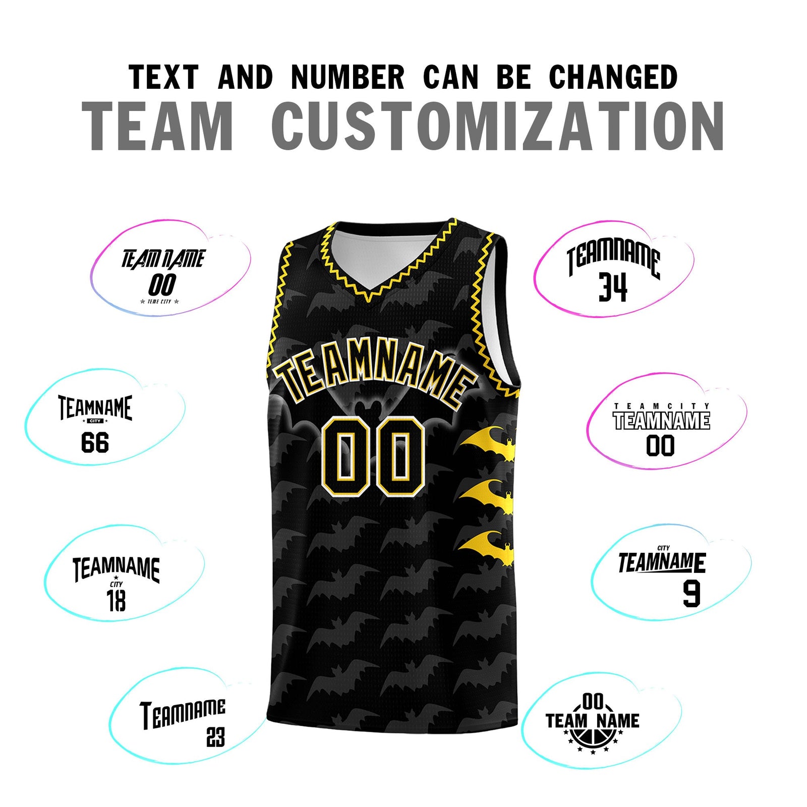 Custom Black Gold Bat Pattern Halloween Basketball Jersey | For Men,For Kid,For Youth,Sublimation Printed,Perfect for Training,Perfect for Parties,Add Name and Numbern | KXKSHOP
