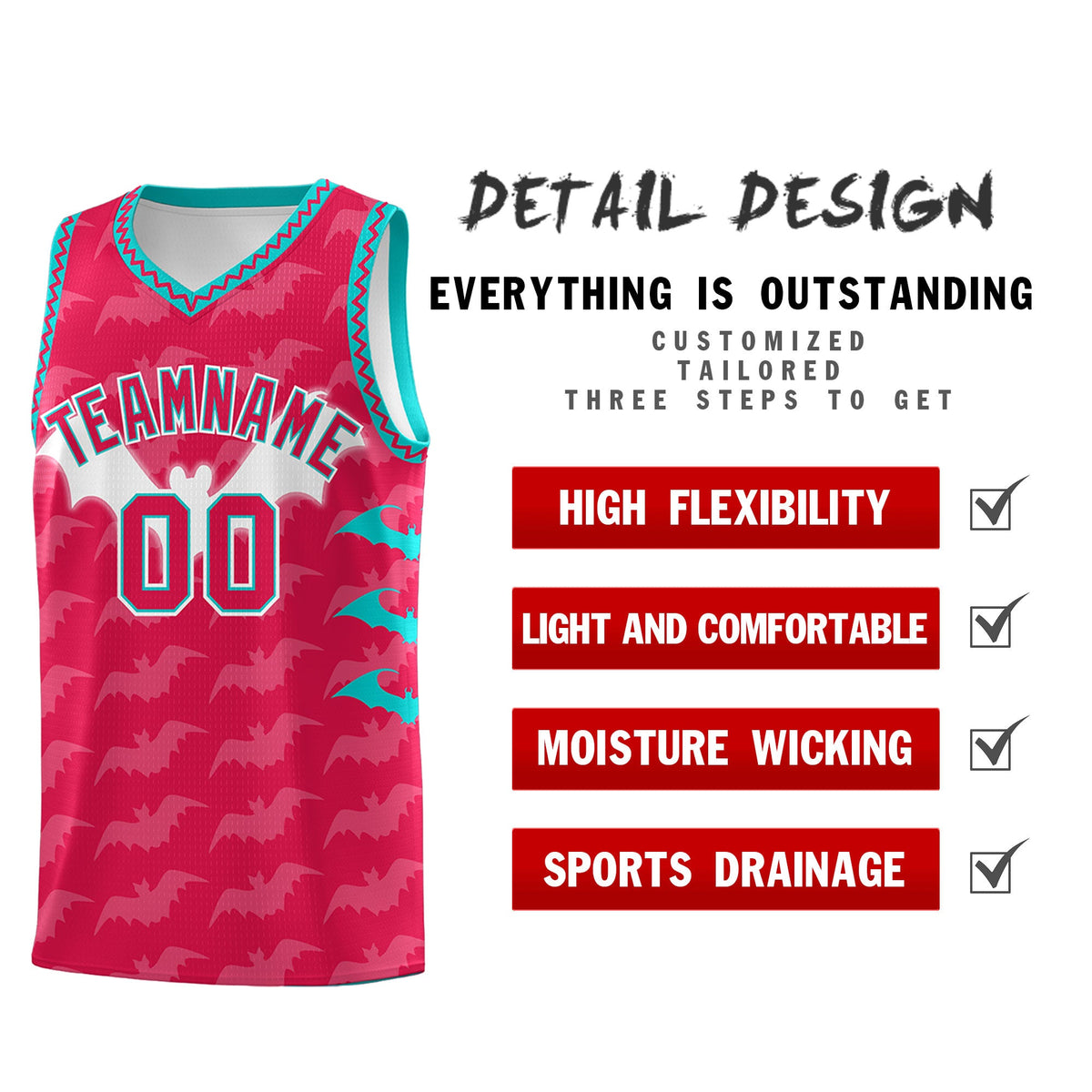 Custom Red White Aqua Bat Pattern Halloween Basketball Jersey | For Men,For Kid,For Youth,Sublimation Printed,Perfect for Training,Perfect for Parties,Add Name and Numbern | KXKSHOP