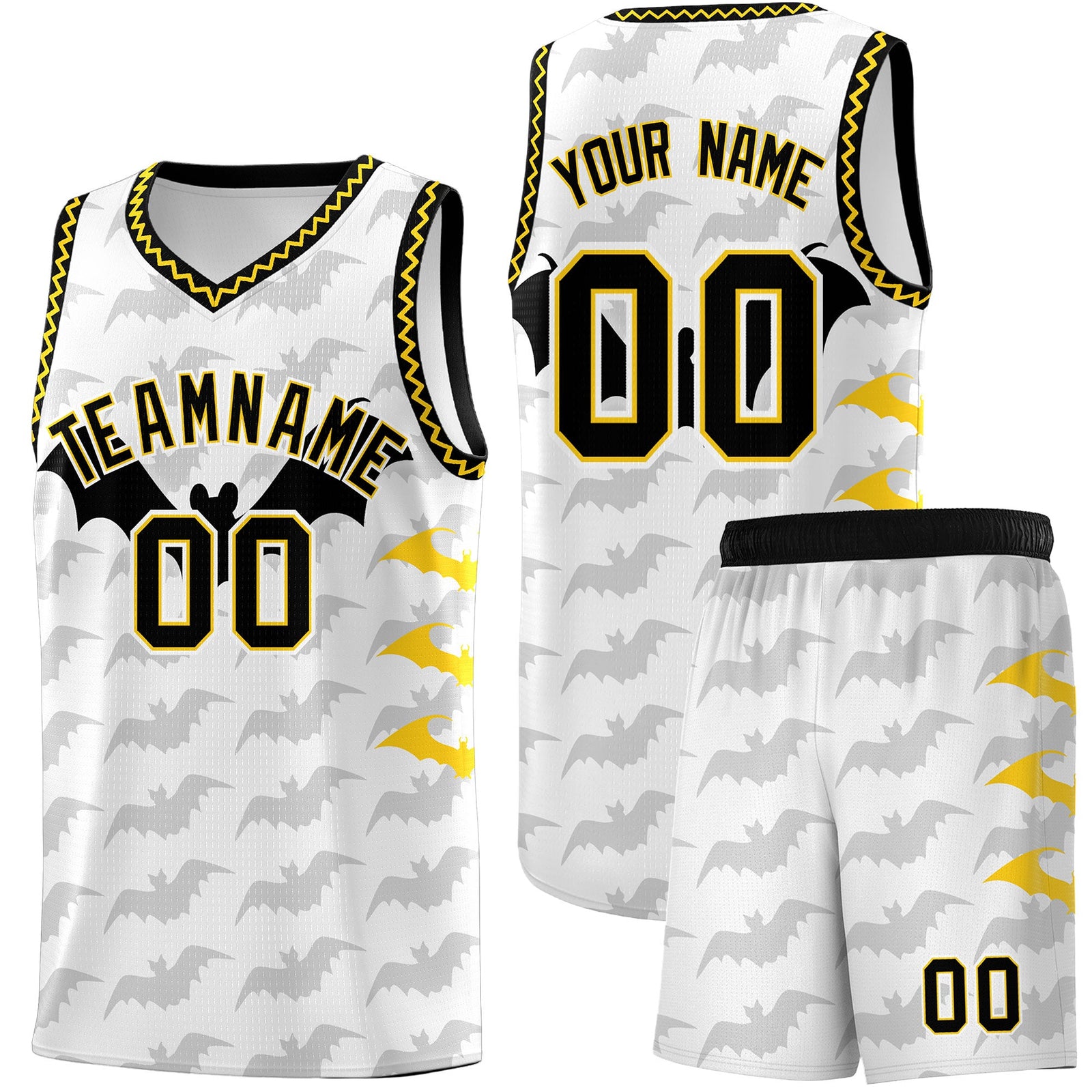 Custom White Gold Black Bat Pattern Halloween Basketball Jersey | For Men,For Kid,For Youth,Sublimation Printed,Perfect for Training,Perfect for Parties,Add Name and Numbern | KXKSHOP