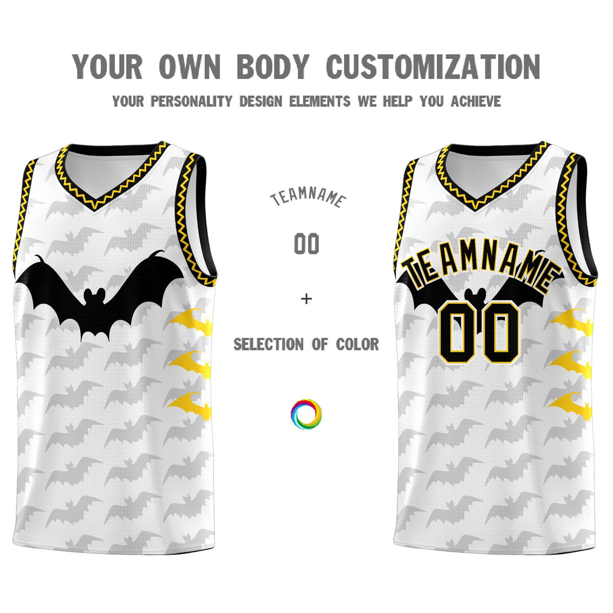 Custom White Gold Black Bat Pattern Halloween Basketball Jersey | For Men,For Kid,For Youth,Sublimation Printed,Perfect for Training,Perfect for Parties,Add Name and Numbern | KXKSHOP