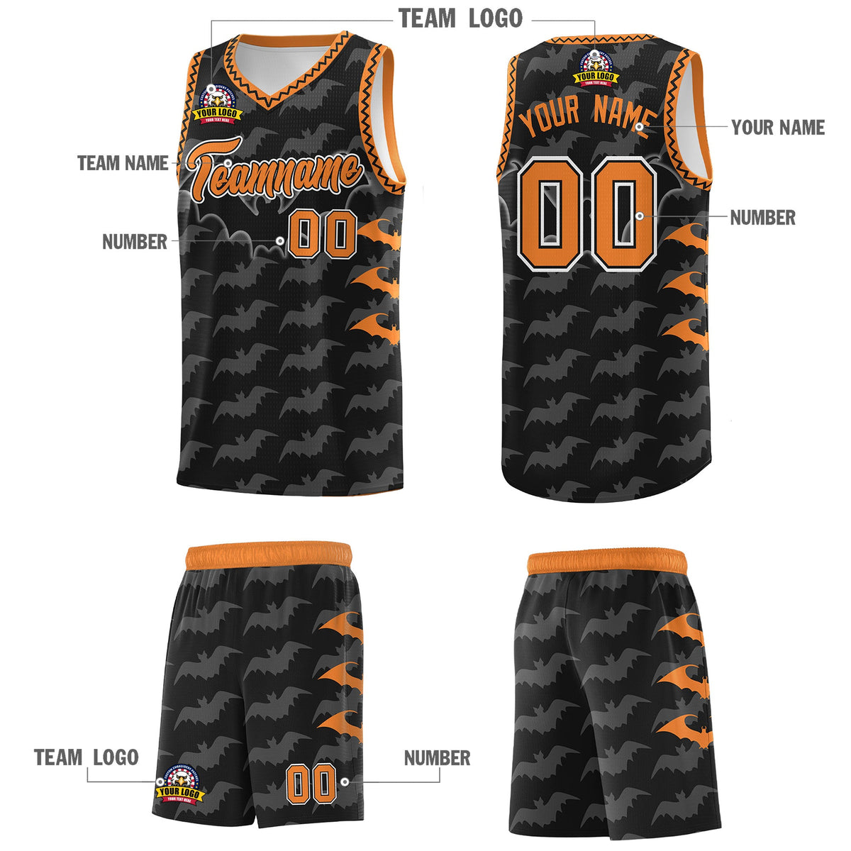 Custom Black Gold Orange Bat Pattern Halloween Basketball Jersey | For Men,For Kid,For Youth,Sublimation Printed,Perfect for Training,Perfect for Parties,Add Name and Numbern | KXKSHOP