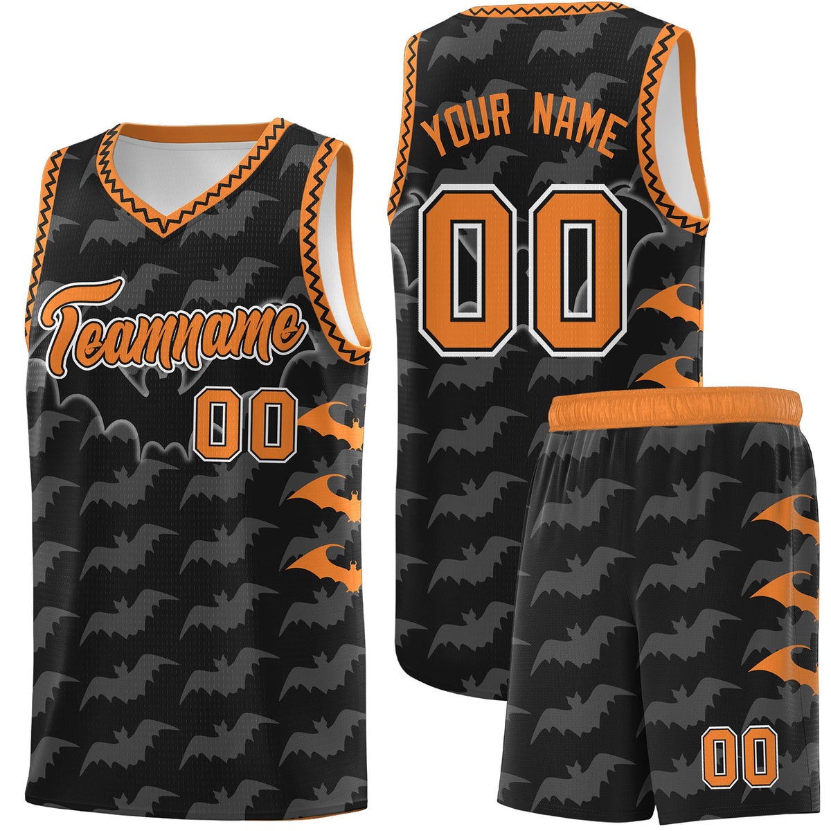 Custom Black Gold Orange Bat Pattern Halloween Basketball Jersey | For Men,For Kid,For Youth,Sublimation Printed,Perfect for Training,Perfect for Parties,Add Name and Numbern | KXKSHOP