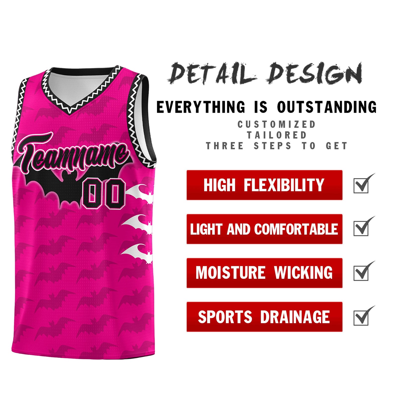 Custom Pink White Black Bat Pattern Halloween Basketball Jersey | For Men,For Kid,For Youth,Sublimation Printed,Perfect for Training,Perfect for Parties,Add Name and Numbern | KXKSHOP