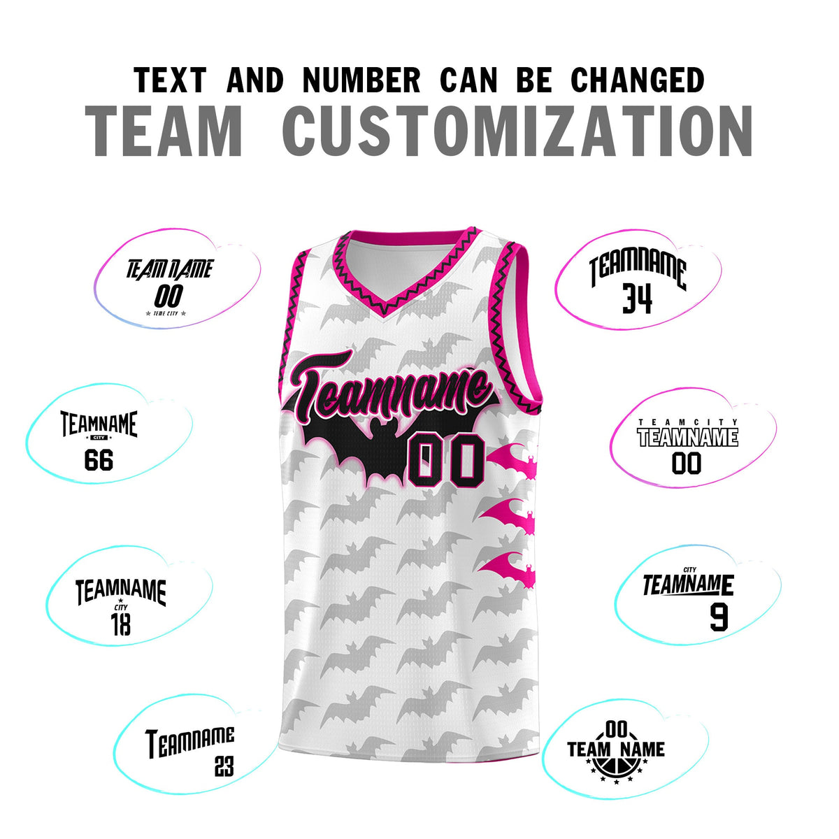 Custom White Pink Black Bat Pattern Halloween Basketball Jersey | For Men,For Kid,For Youth,Sublimation Printed,Perfect for Training,Perfect for Parties,Add Name and Numbern | KXKSHOP