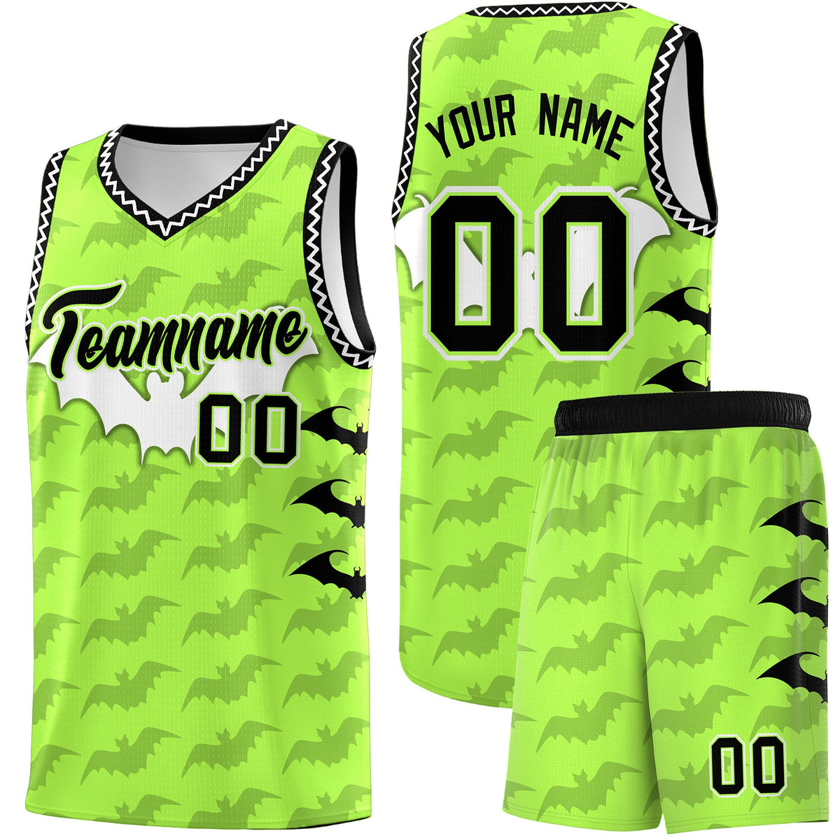 Custom Fluorescent Green White Bat Pattern Halloween Basketball Jersey | For Men,For Kid,For Youth,Sublimation Printed,Perfect for Training,Perfect for Parties,Add Name and Numbern | KXKSHOP