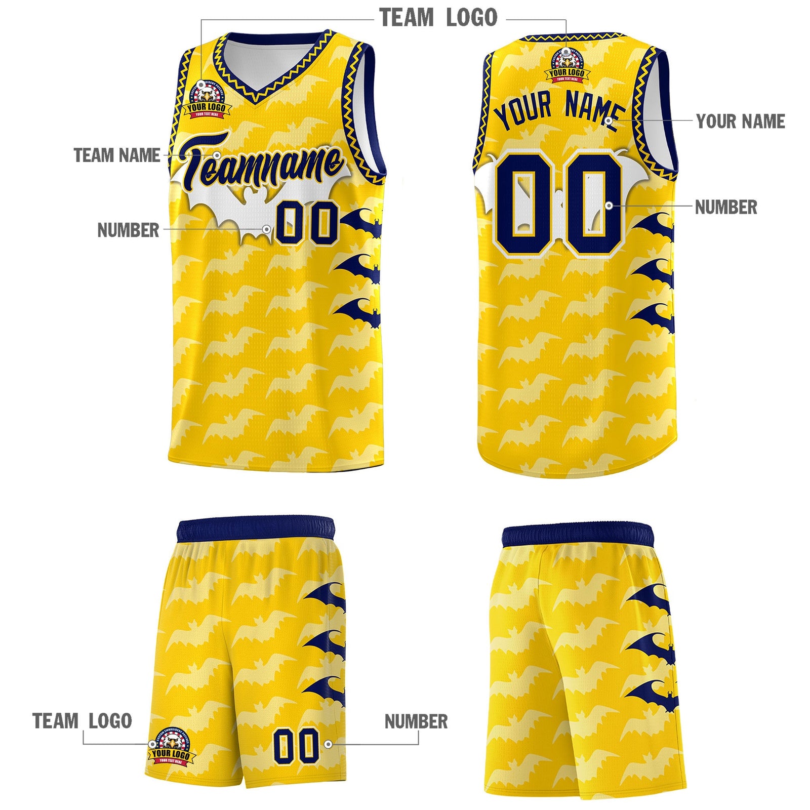 Custom Gold White Navy Bat Pattern Halloween Basketball Jersey | For Men,For Kid,For Youth,Sublimation Printed,Perfect for Training,Perfect for Parties,Add Name and Numbern | KXKSHOP