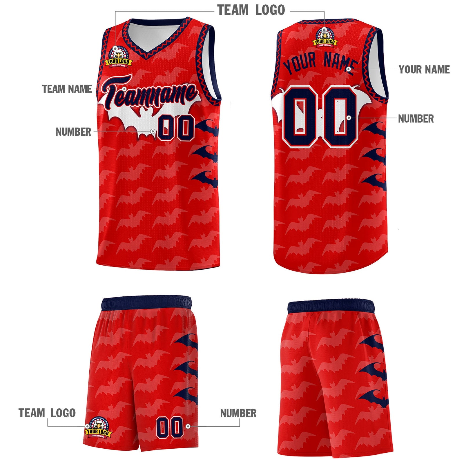 Custom Red White Navy Bat Pattern Halloween Basketball Jersey | For Men,For Kid,For Youth,Sublimation Printed,Perfect for Training,Perfect for Parties,Add Name and Numbern | KXKSHOP