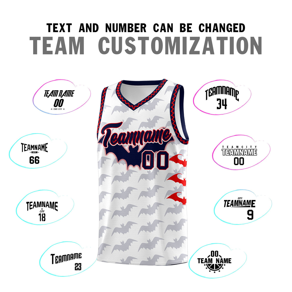 Custom White Red Navy Bat Pattern Halloween Basketball Jersey | For Men,For Kid,For Youth,Sublimation Printed,Perfect for Training,Perfect for Parties,Add Name and Numbern | KXKSHOP