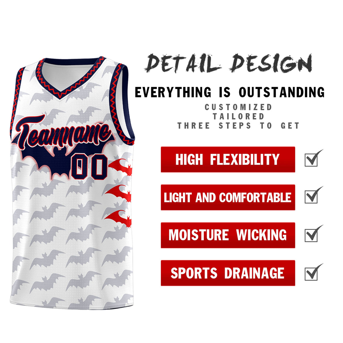 Custom White Red Navy Bat Pattern Halloween Basketball Jersey | For Men,For Kid,For Youth,Sublimation Printed,Perfect for Training,Perfect for Parties,Add Name and Numbern | KXKSHOP