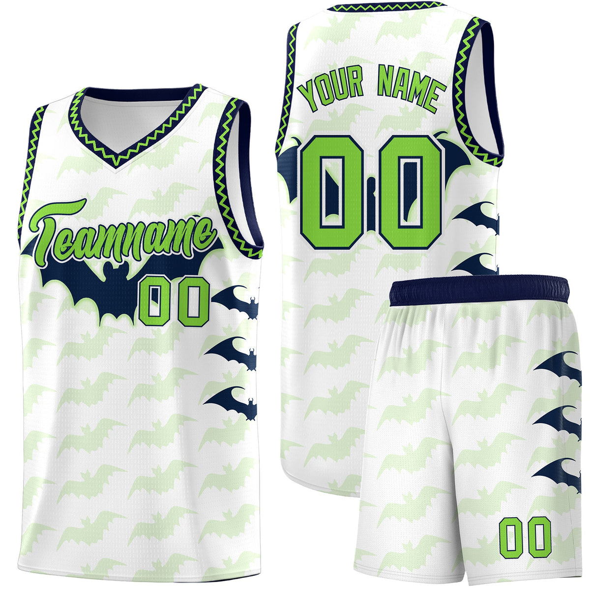 Custom White Fluorescent Green Navy Bat Pattern Halloween Basketball Jersey | For Men,For Kid,For Youth,Sublimation Printed,Perfect for Training,Perfect for Parties,Add Name and Numbern | KXKSHOP