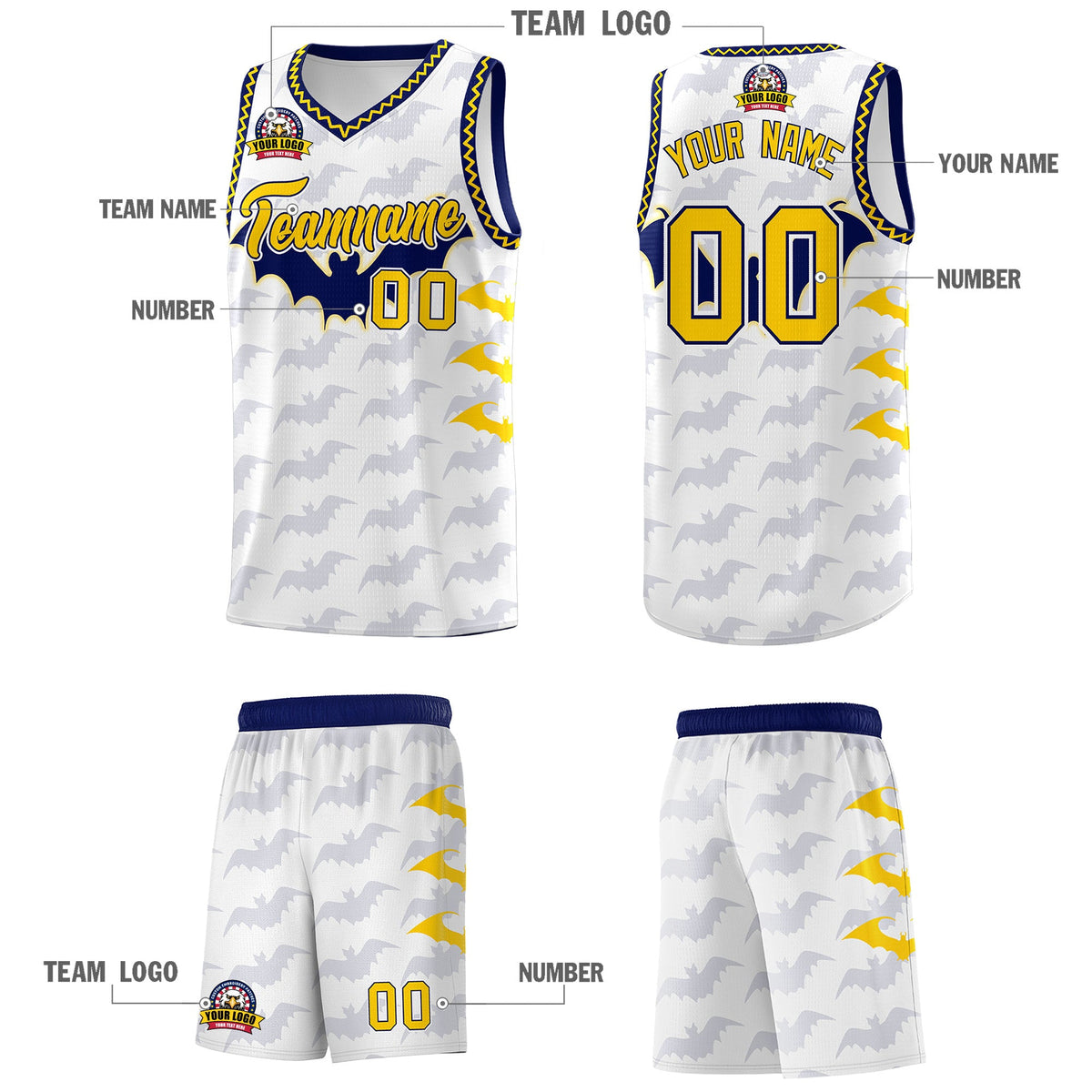 Custom White Gold Navy Bat Pattern Halloween Basketball Jersey | For Men,For Kid,For Youth,Sublimation Printed,Perfect for Training,Perfect for Parties,Add Name and Numbern | KXKSHOP