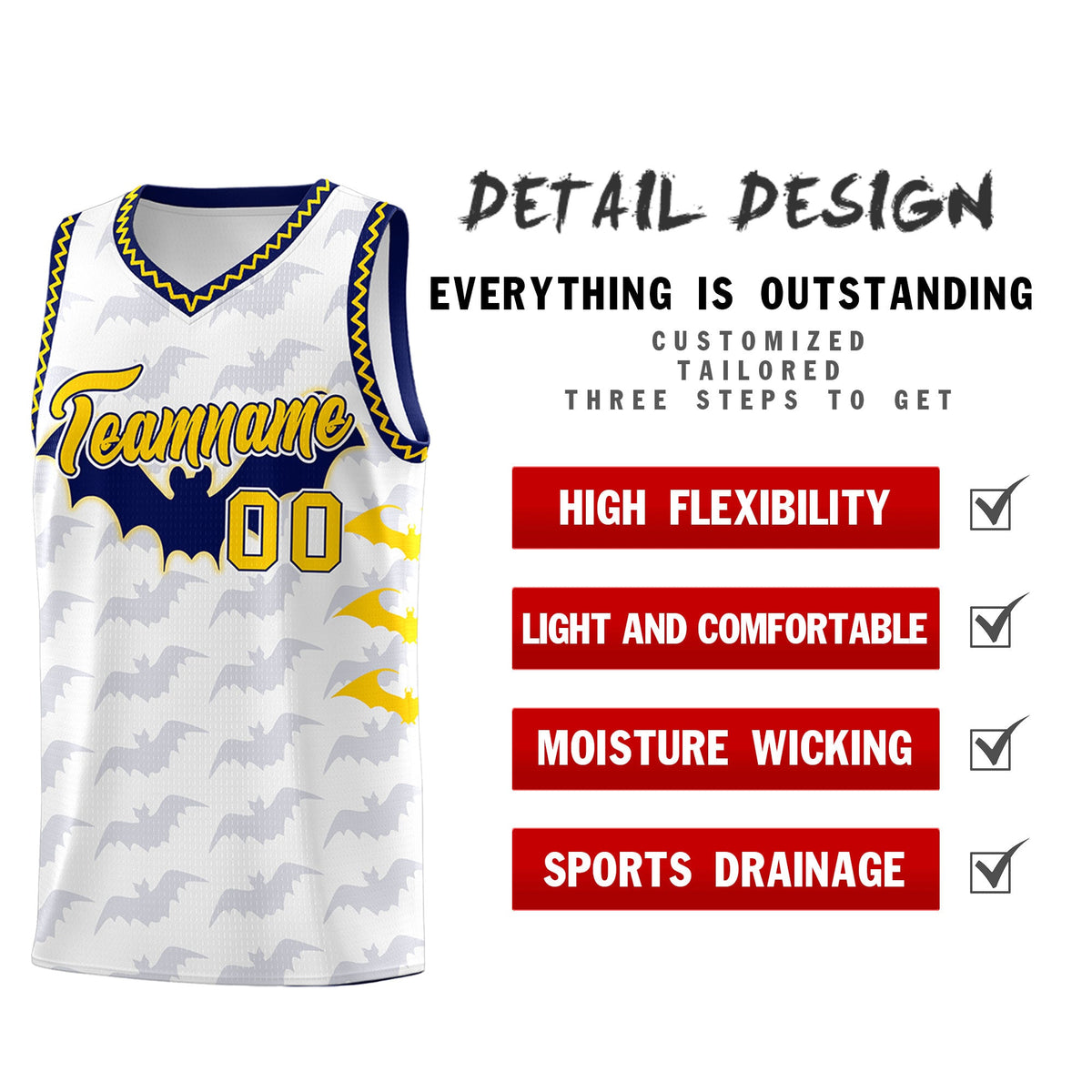 Custom White Gold Navy Bat Pattern Halloween Basketball Jersey | For Men,For Kid,For Youth,Sublimation Printed,Perfect for Training,Perfect for Parties,Add Name and Numbern | KXKSHOP